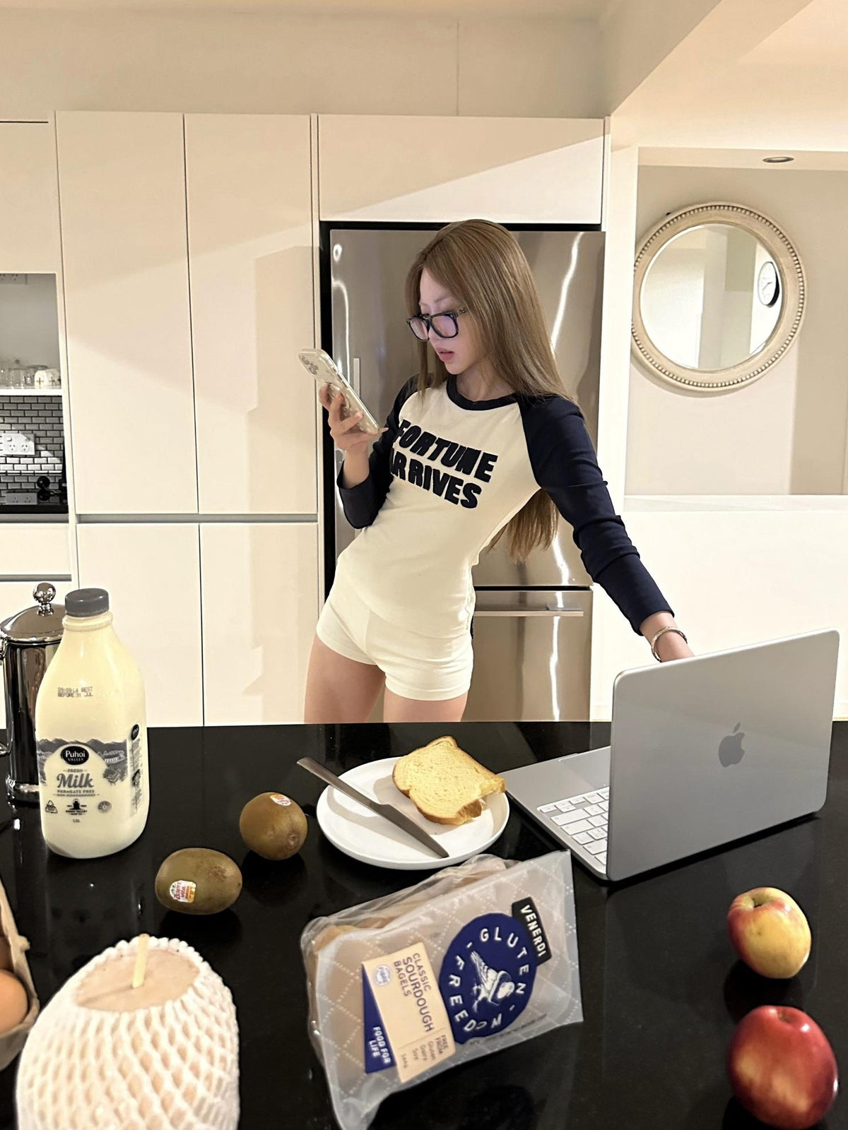 Rase le sol American Retro Letter Print Raglan Sleeve Women's Cotton Casual Top & Shorts Sets