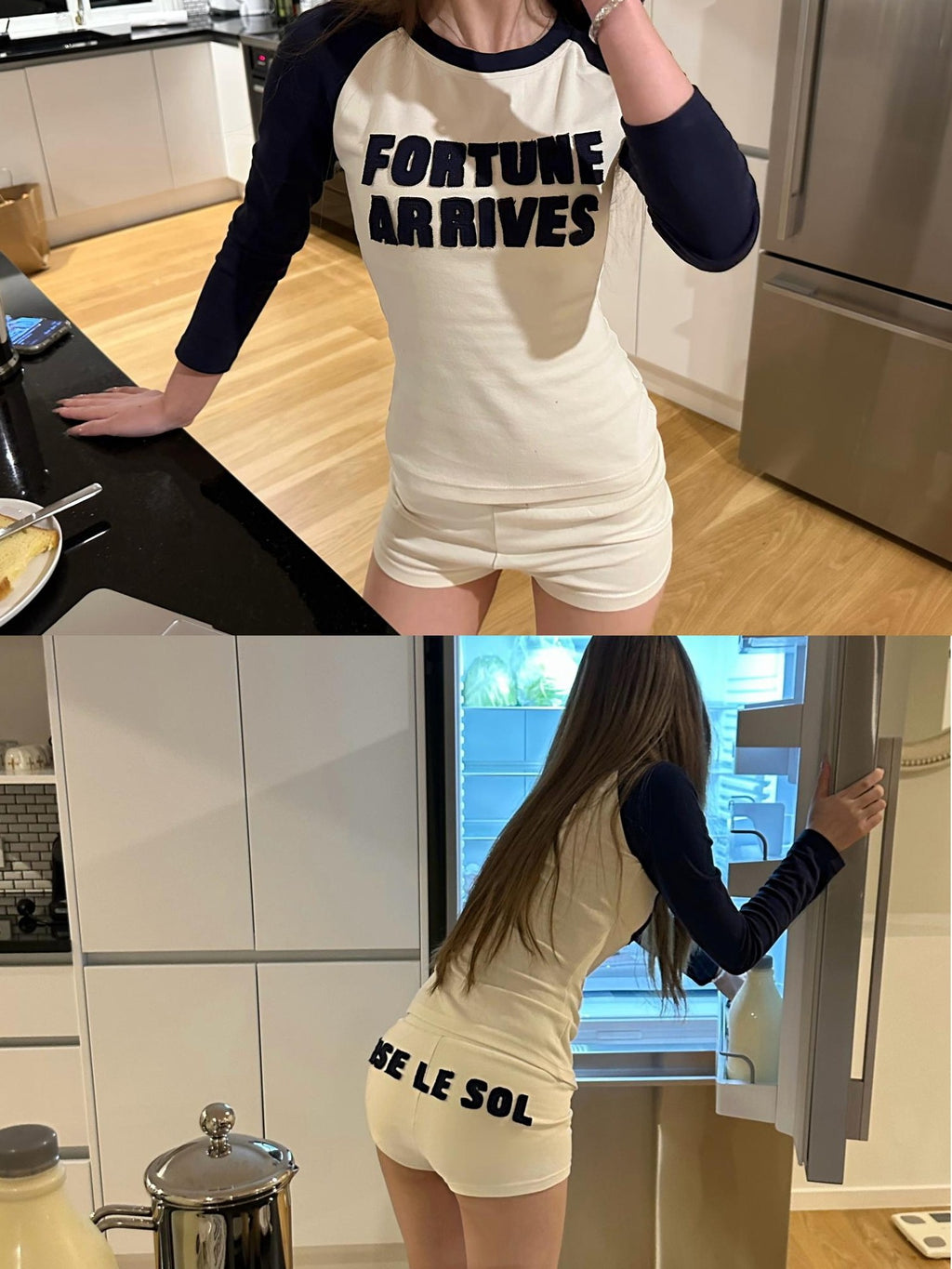 Rase le sol American Retro Letter Print Raglan Sleeve Women's Cotton Casual Top & Shorts Sets