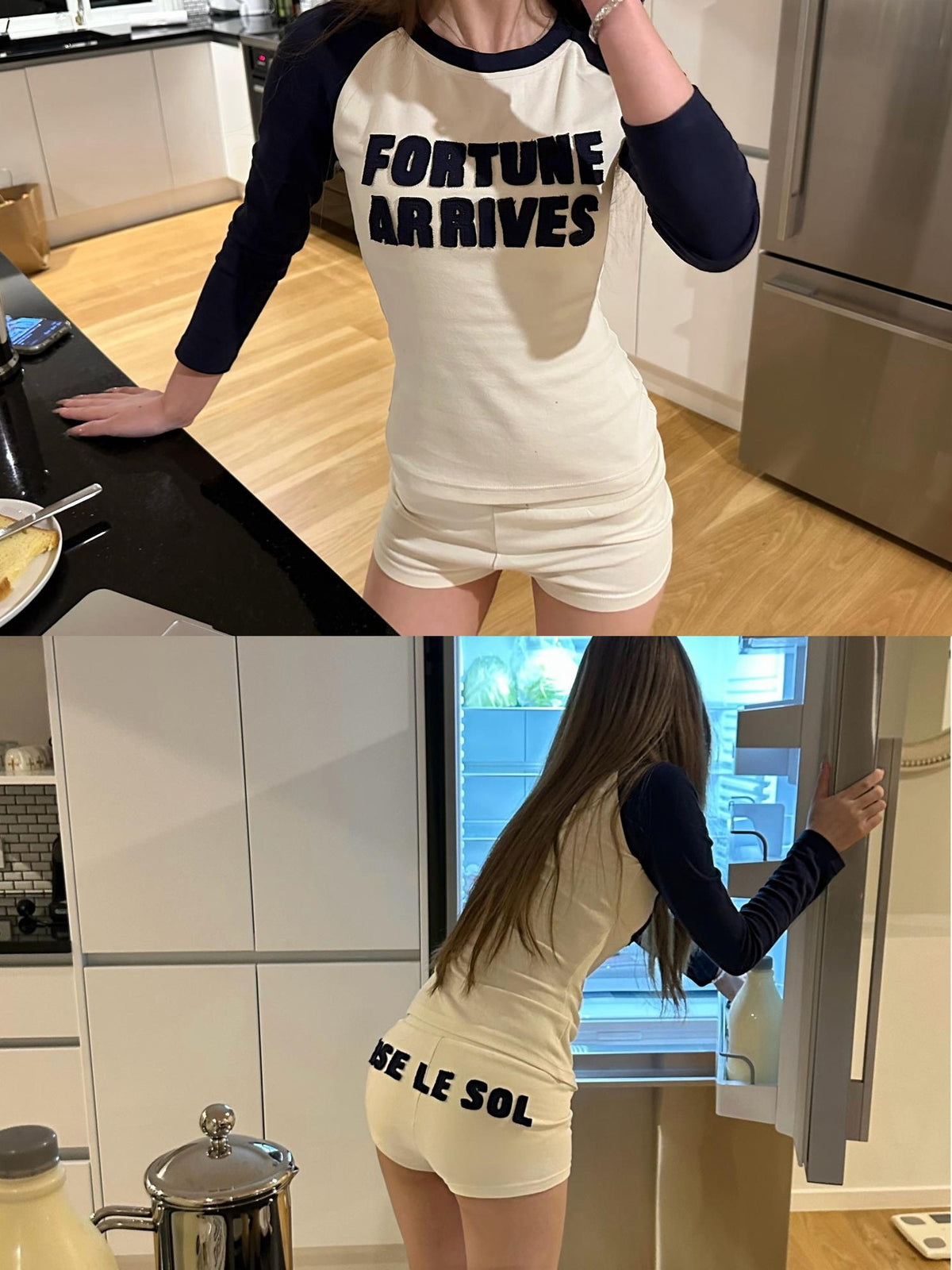 Rase le sol American Retro Letter Print Raglan Sleeve Women's Cotton Casual Top & Shorts Sets