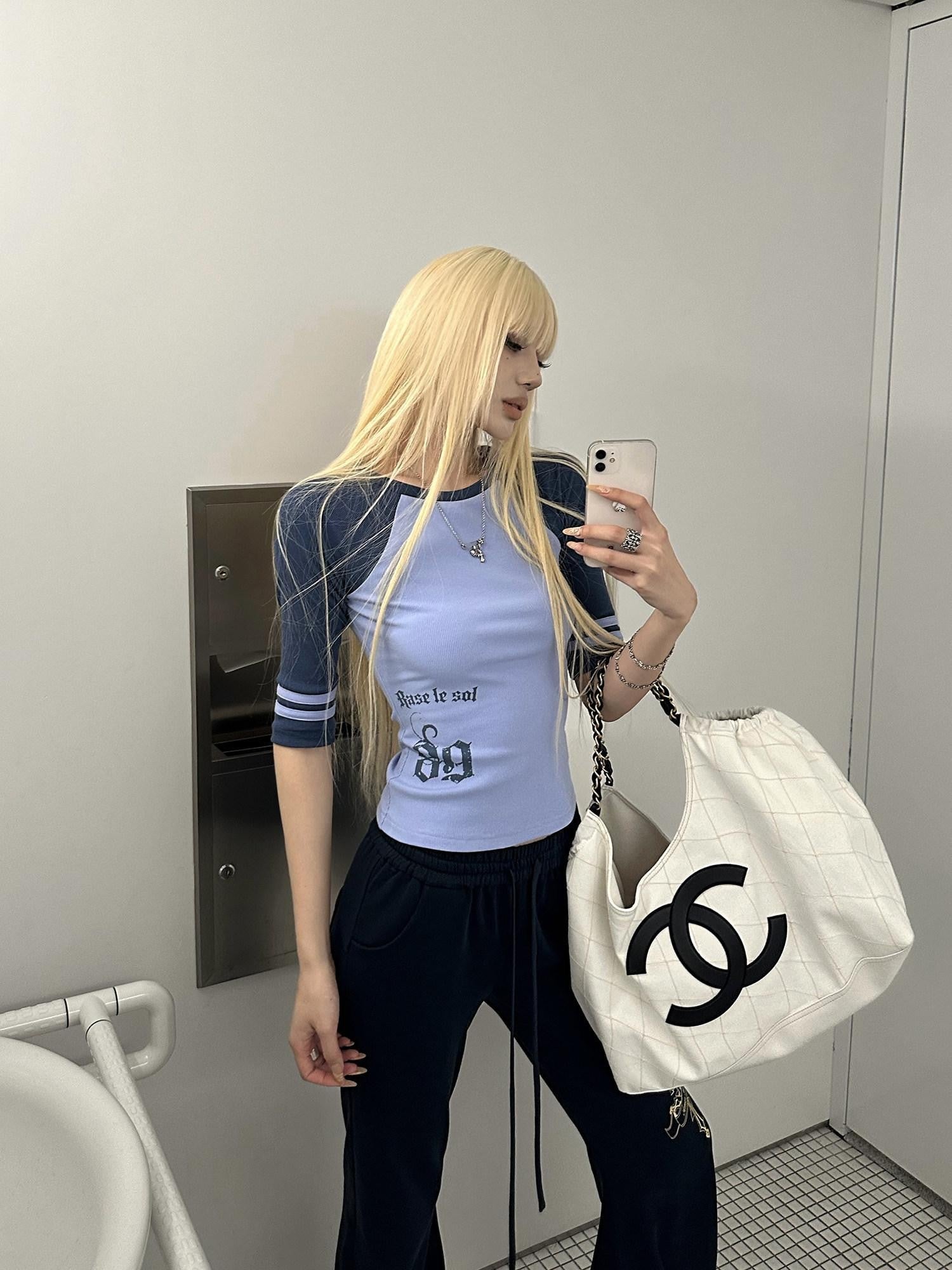 Rase le sol American Vintage Raglan Mid Sleeve Waist Cinching Women's Slim T-shirts