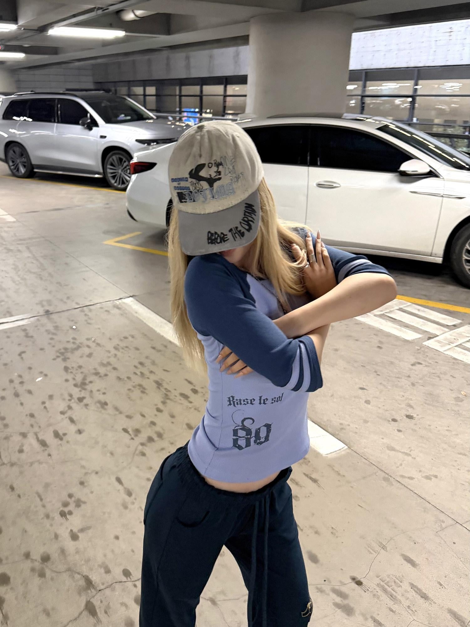 Rase le sol American Vintage Raglan Mid Sleeve Waist Cinching Women's Slim T-shirts