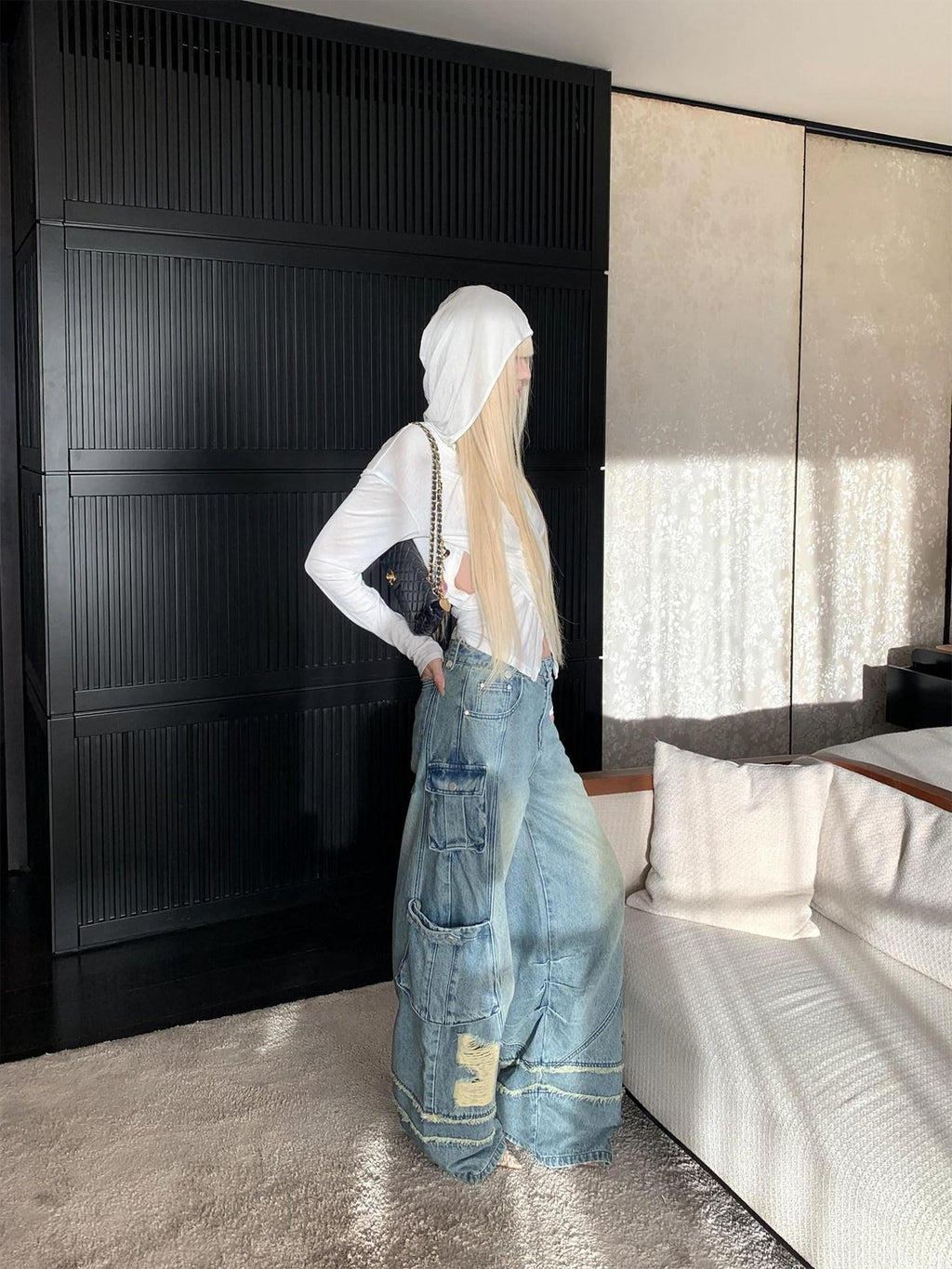 Rase le sol American Vintage Workwear Distressed Women's Denim Wide-leg Jeans
