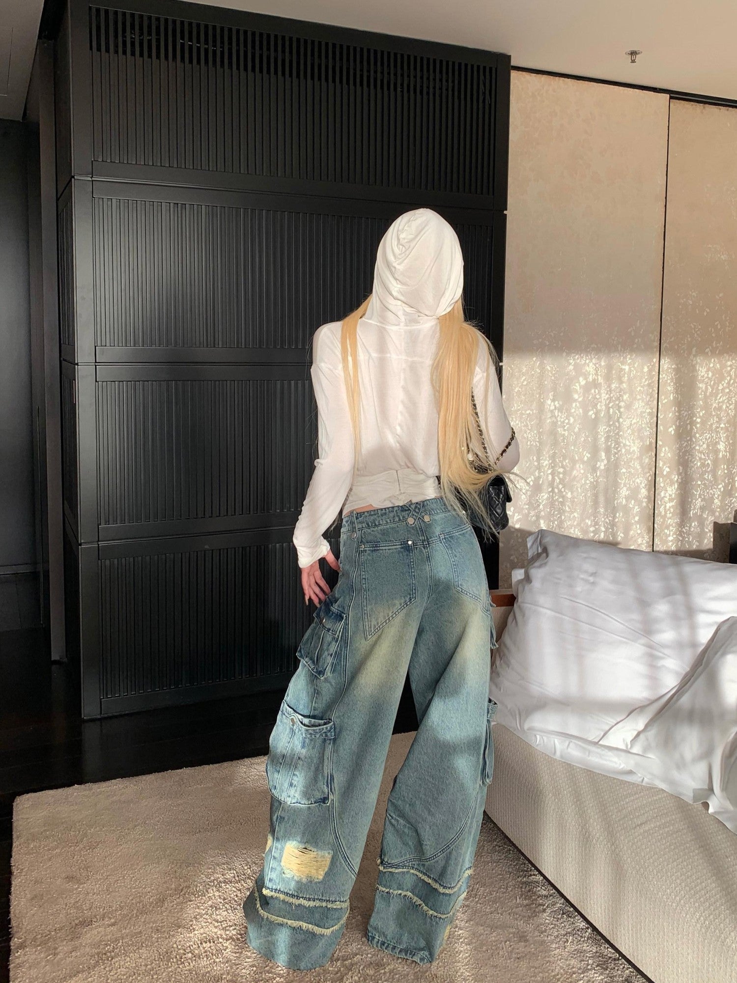 Rase le sol American Vintage Workwear Distressed Women's Denim Wide-leg Jeans