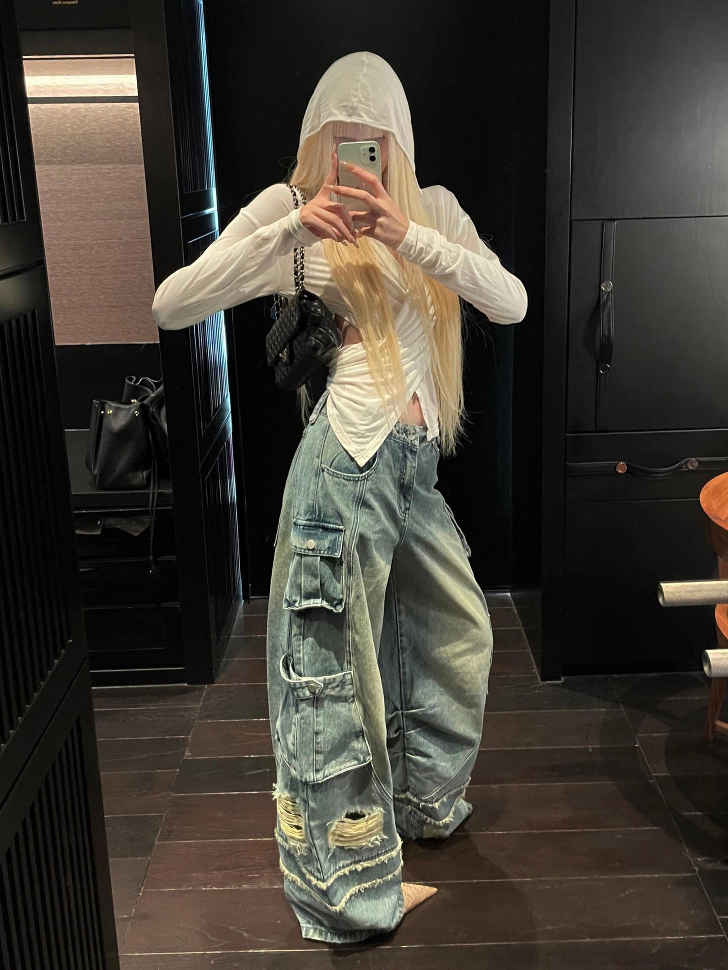Rase le sol American Vintage Workwear Distressed Women's Denim Wide-leg Jeans