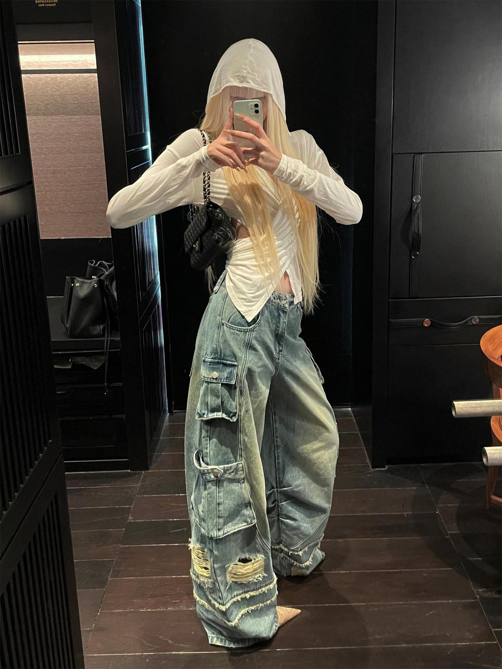 Rase le sol American Vintage Workwear Distressed Women's Denim Wide-leg Jeans