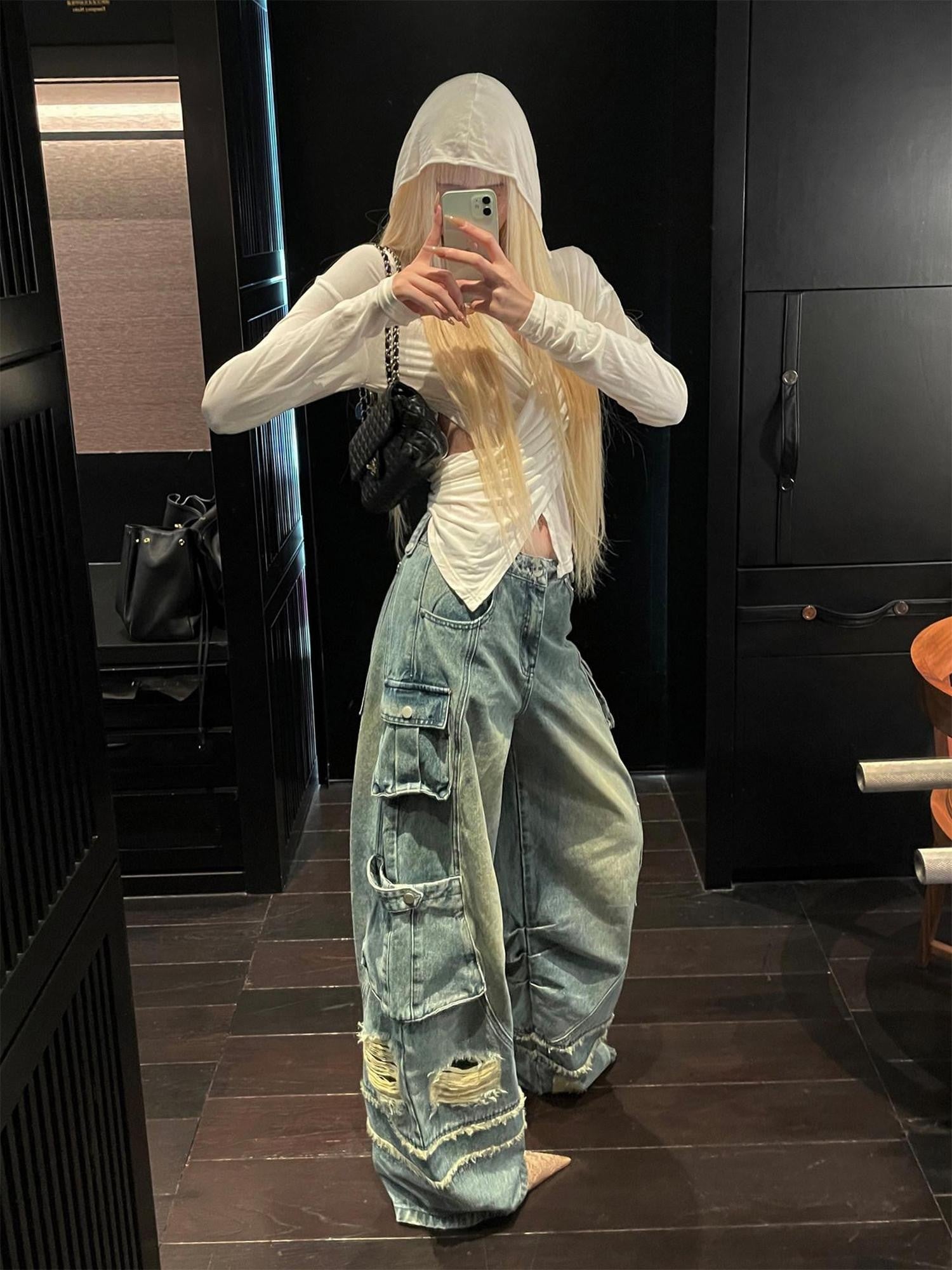 Rase le sol American Vintage Workwear Distressed Women's Denim Wide-leg Jeans