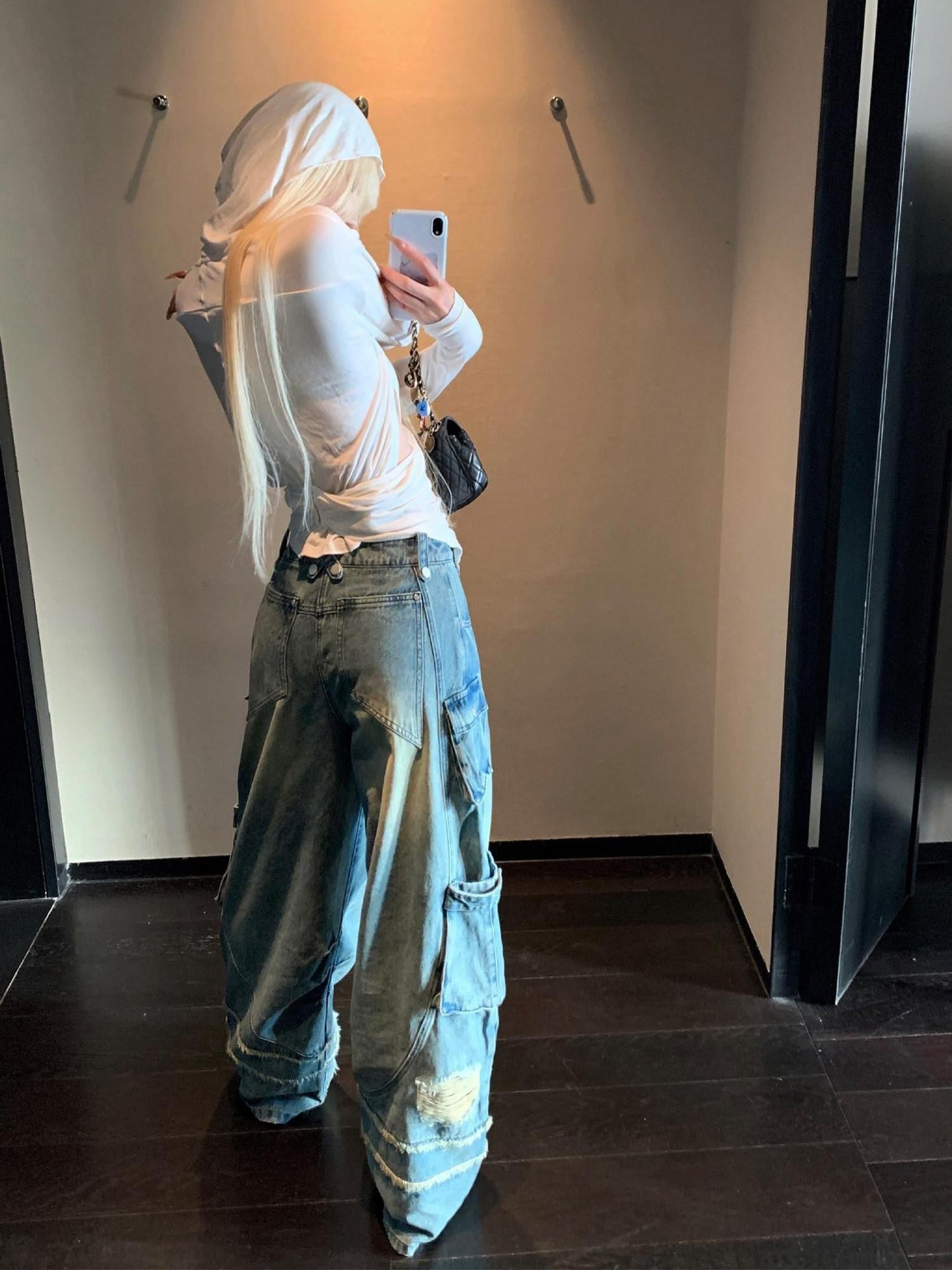 Rase le sol American Vintage Workwear Distressed Women's Denim Wide-leg Jeans