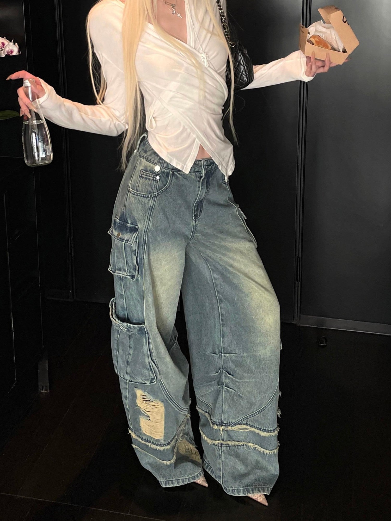 Rase le sol American Vintage Workwear Distressed Women's Denim Wide-leg Jeans