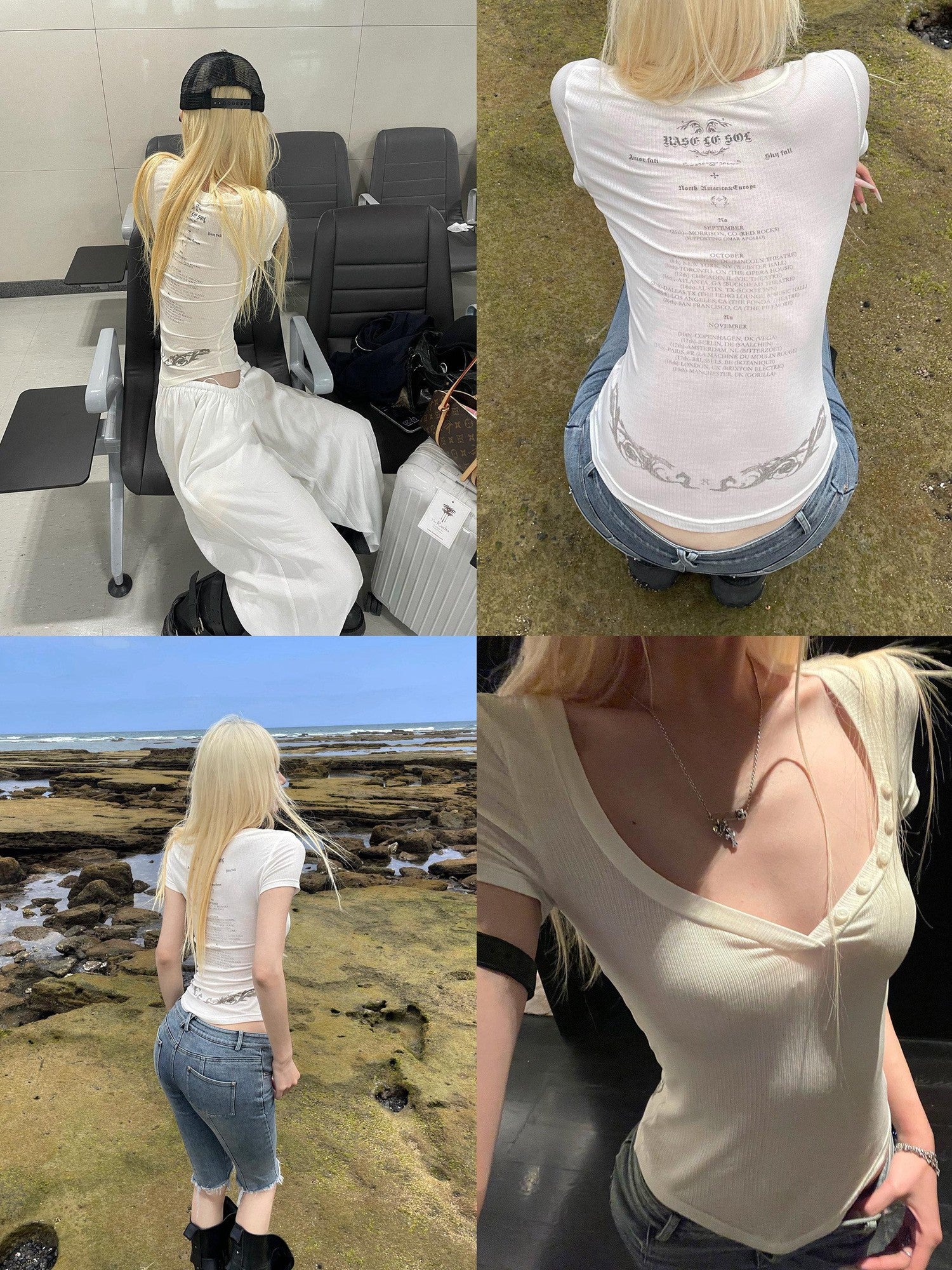 Rase le sol Back Letter Print Button Set In Shoulder Ribbed Women's Slim T-shirts