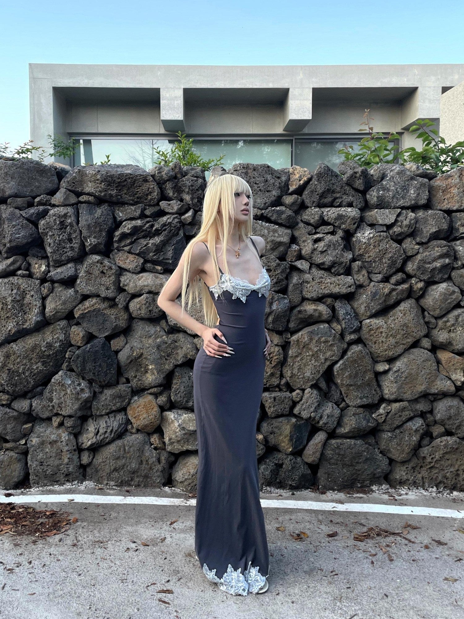 Rase le sol Backless Lace Panel Spaghetti Strap Women's Slip Maxi Dresses