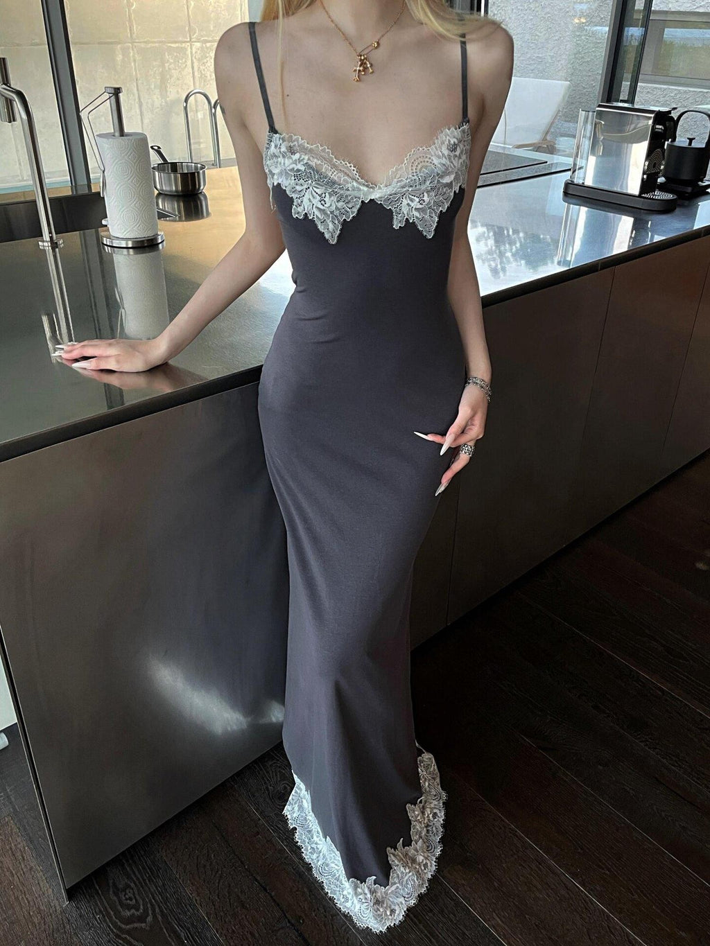 Rase le sol Backless Lace Panel Spaghetti Strap Women's Slip Maxi Dresses