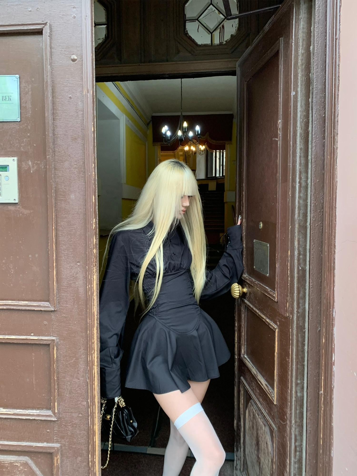Rase le sol Black A Line Shirt Dress Waist Cinching Long Sleeve Women's Corset Mini Dresses