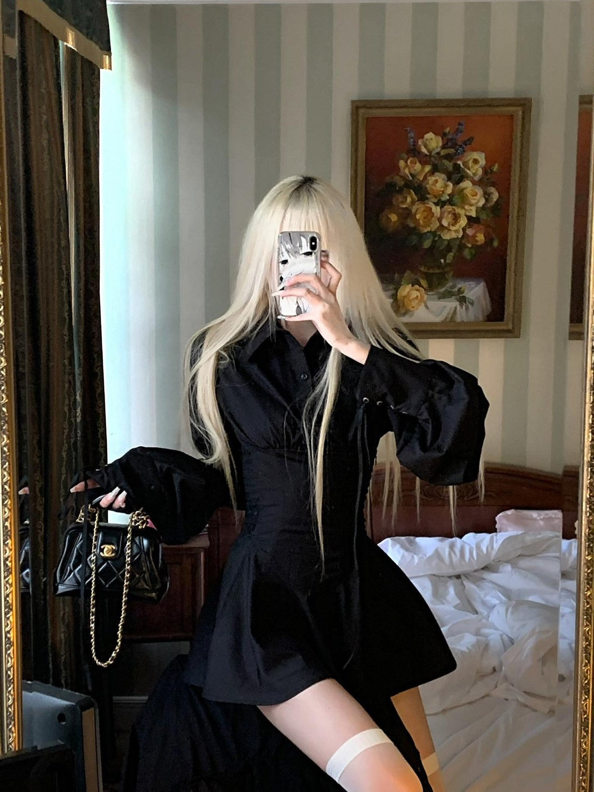 Rase le sol Black A Line Shirt Dress Waist Cinching Long Sleeve Women's Corset Mini Dresses