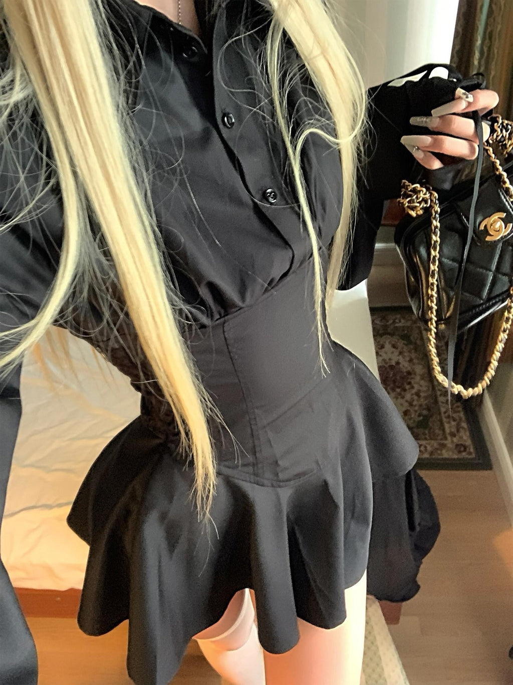 Rase le sol Black A Line Shirt Dress Waist Cinching Long Sleeve Women's Corset Mini Dresses