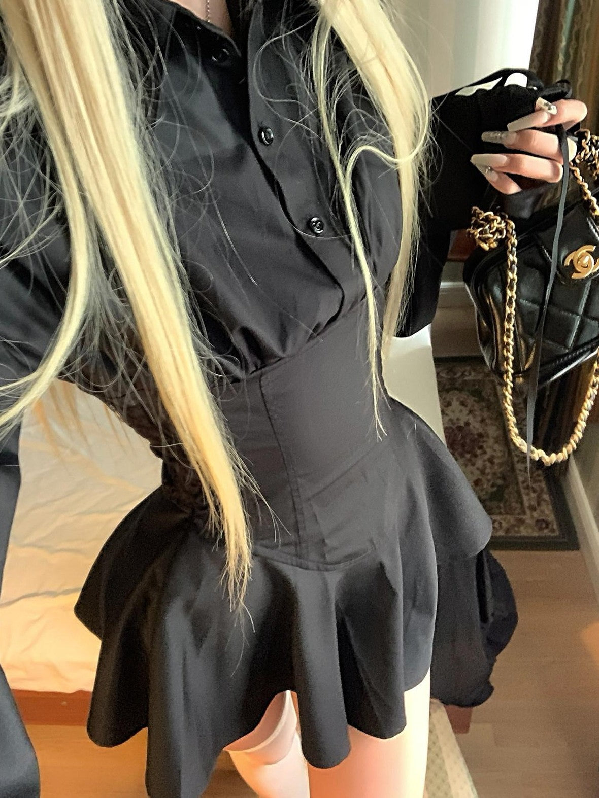 Rase le sol Black A Line Shirt Dress Waist Cinching Long Sleeve Women's Corset Mini Dresses