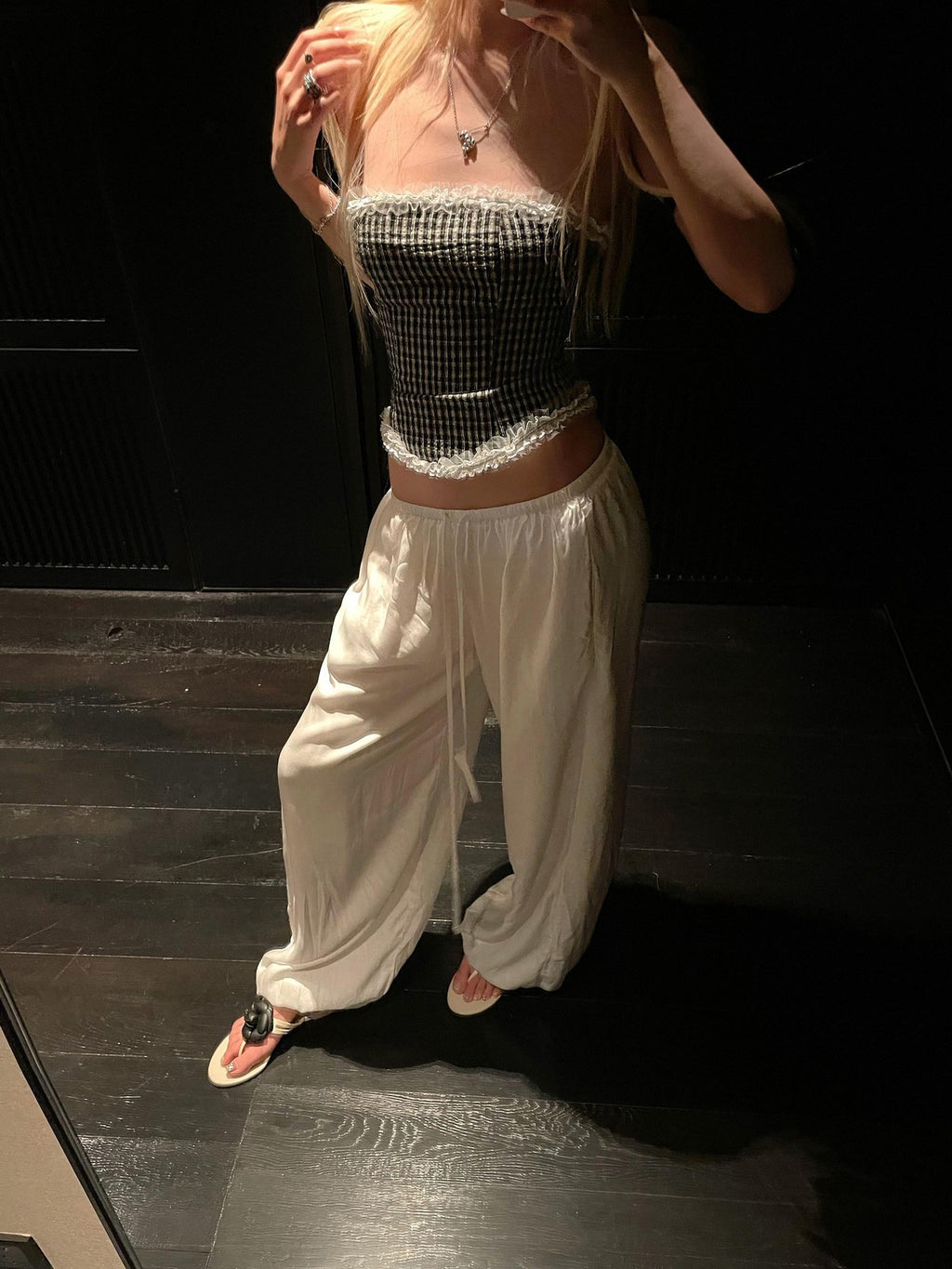 Rase le sol Black And White Check Lace Panel Strapless Women's Tube Tops