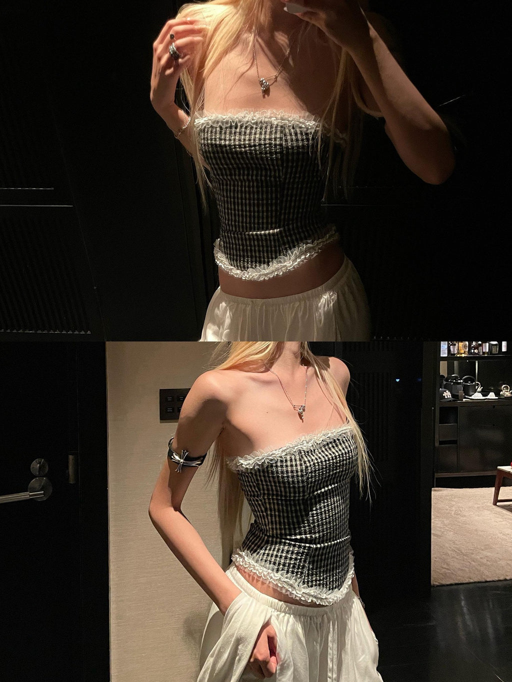 Rase le sol Black And White Check Lace Panel Strapless Women's Tube Tops