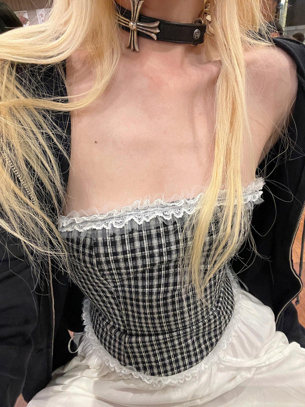 Rase le sol Black And White Check Lace Panel Strapless Women's Tube Tops