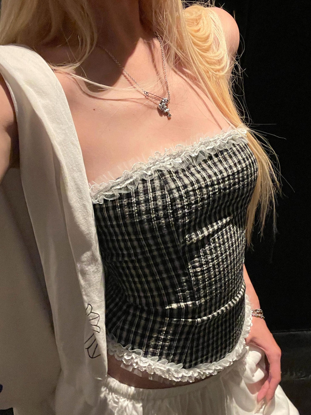 Rase le sol Black And White Check Lace Panel Strapless Women's Tube Tops