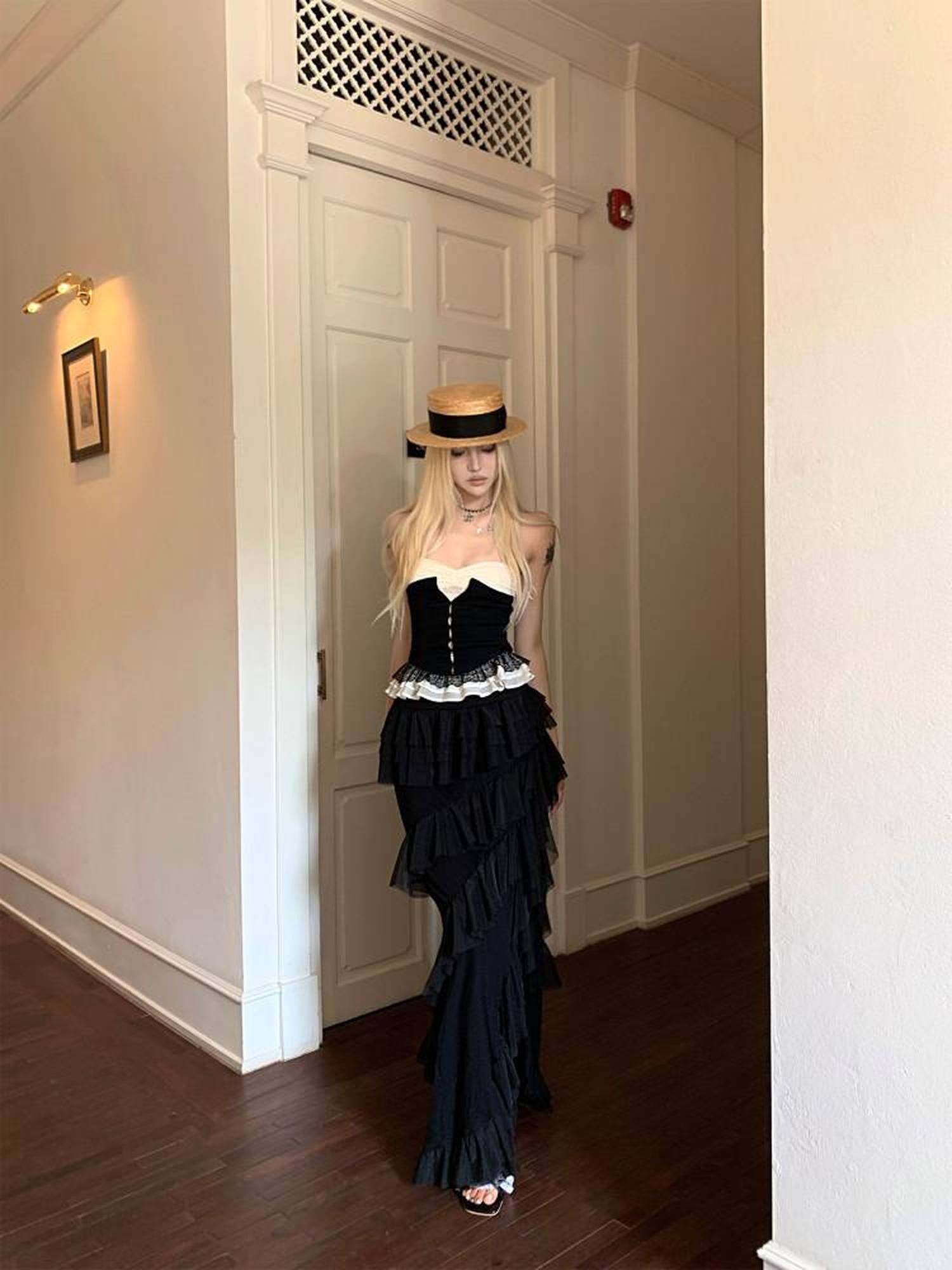 Rase le sol Black Asymmetrical Long Voluminous Puff Cake Ruffle Women's Tiered Skirts