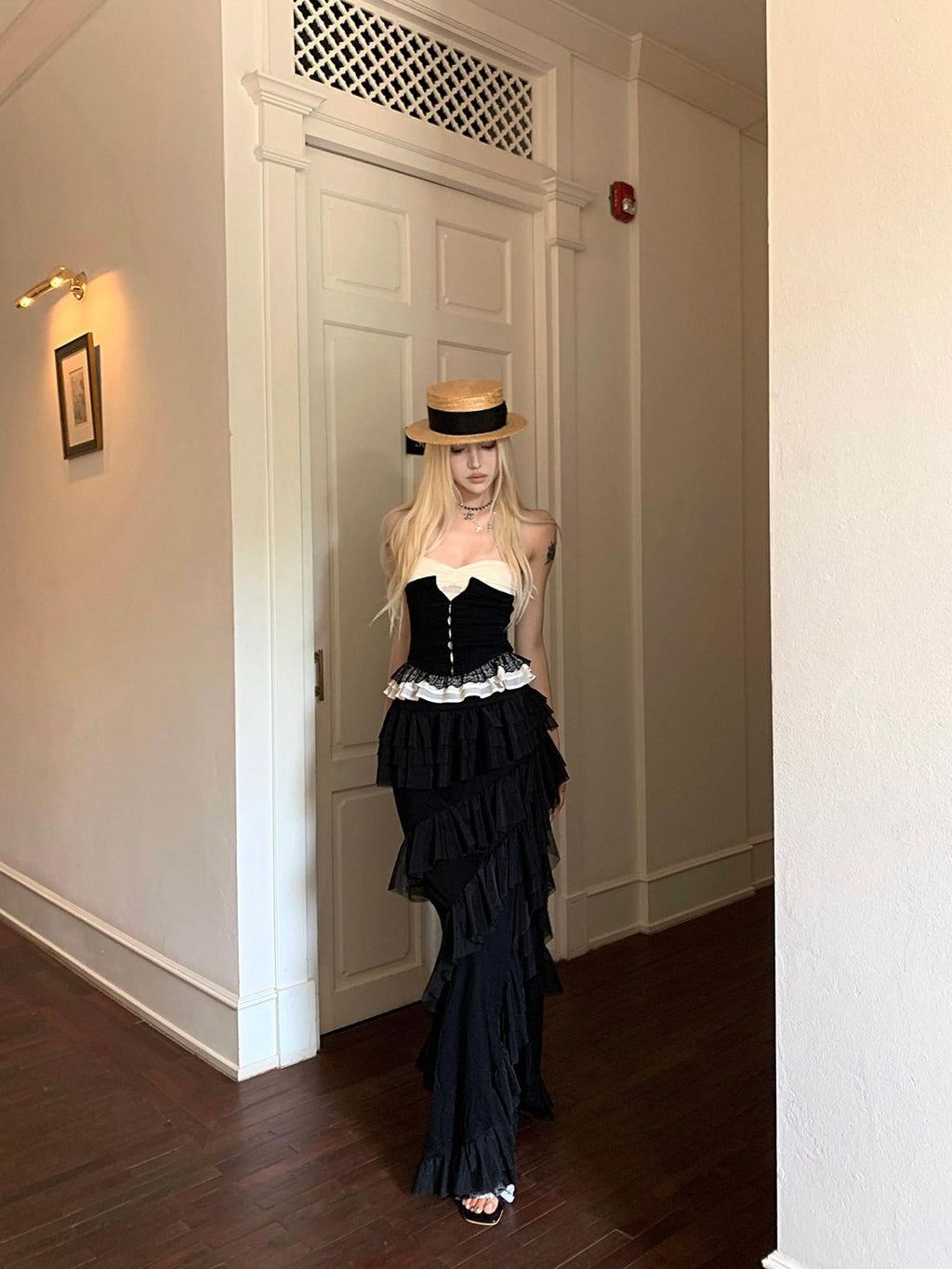 Rase le sol Black Asymmetrical Long Voluminous Puff Cake Ruffle Women's Tiered Skirts