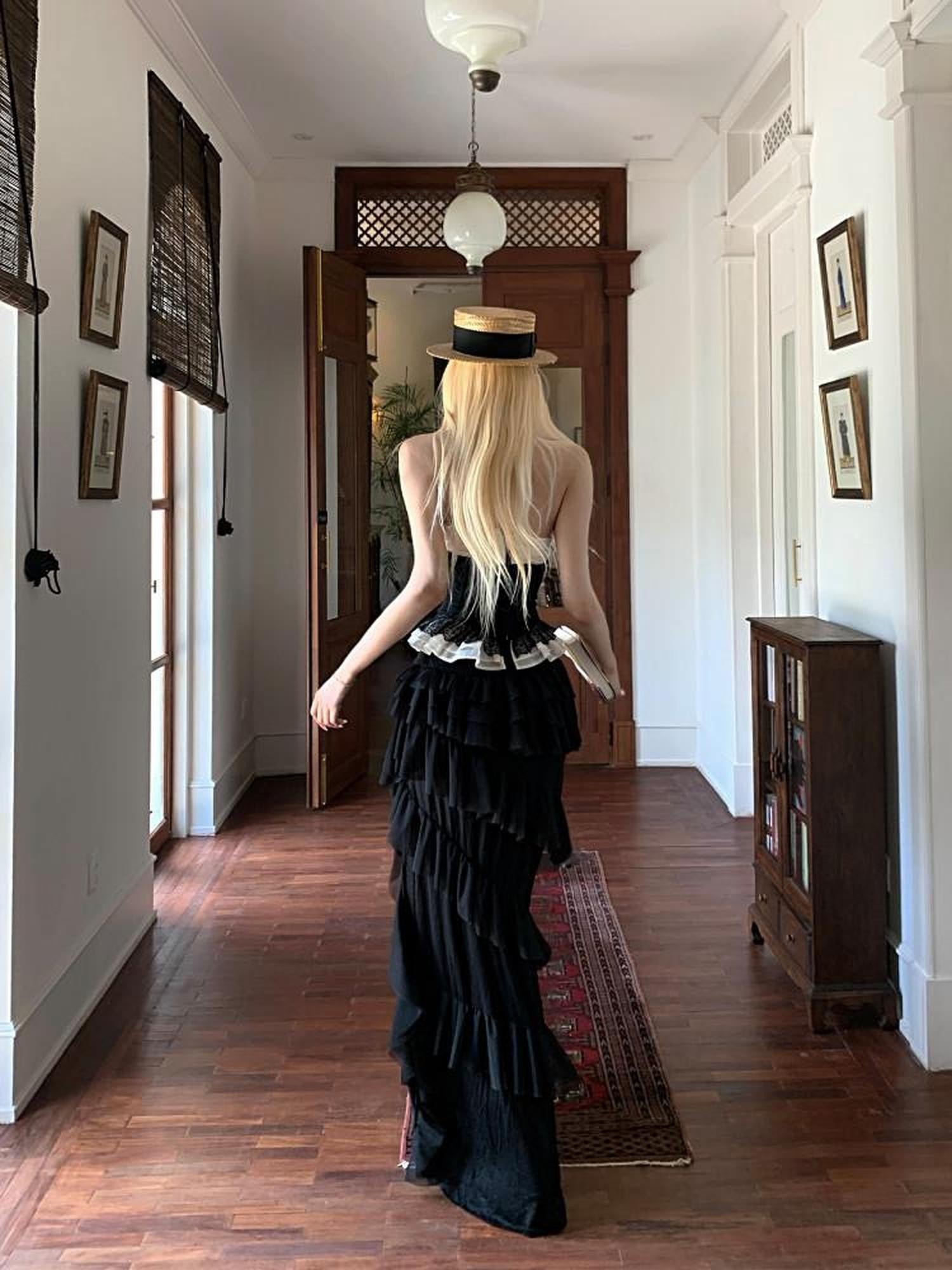 Rase le sol Black Asymmetrical Long Voluminous Puff Cake Ruffle Women's Tiered Skirts