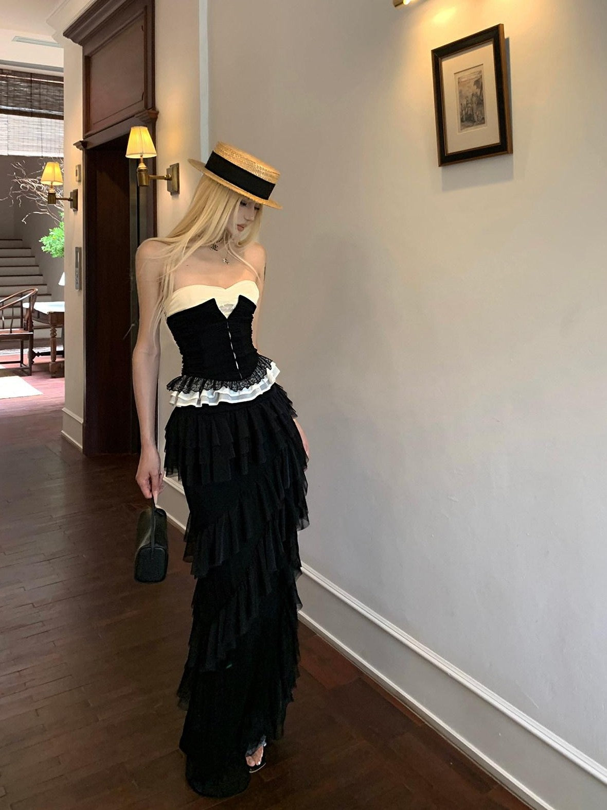 Rase le sol Black Asymmetrical Long Voluminous Puff Cake Ruffle Women's Tiered Skirts
