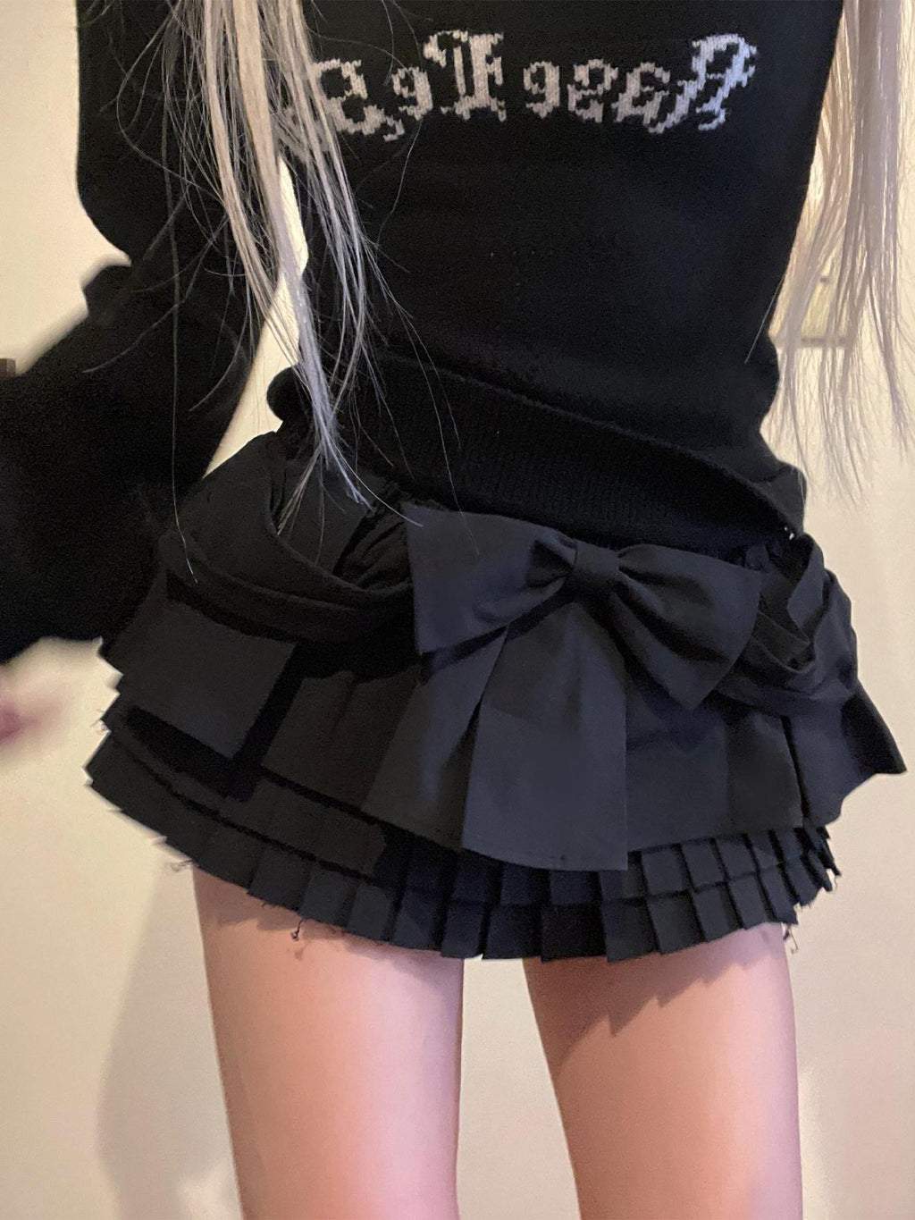 Rase le sol Black Bow Cake Puff Ruffled Tiered Pleated Flowerbud Women's Skorts