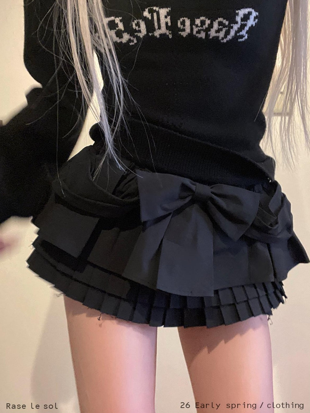 Rase le sol Black Bow Cake Puff Ruffled Tiered Pleated Flowerbud Women's Skorts