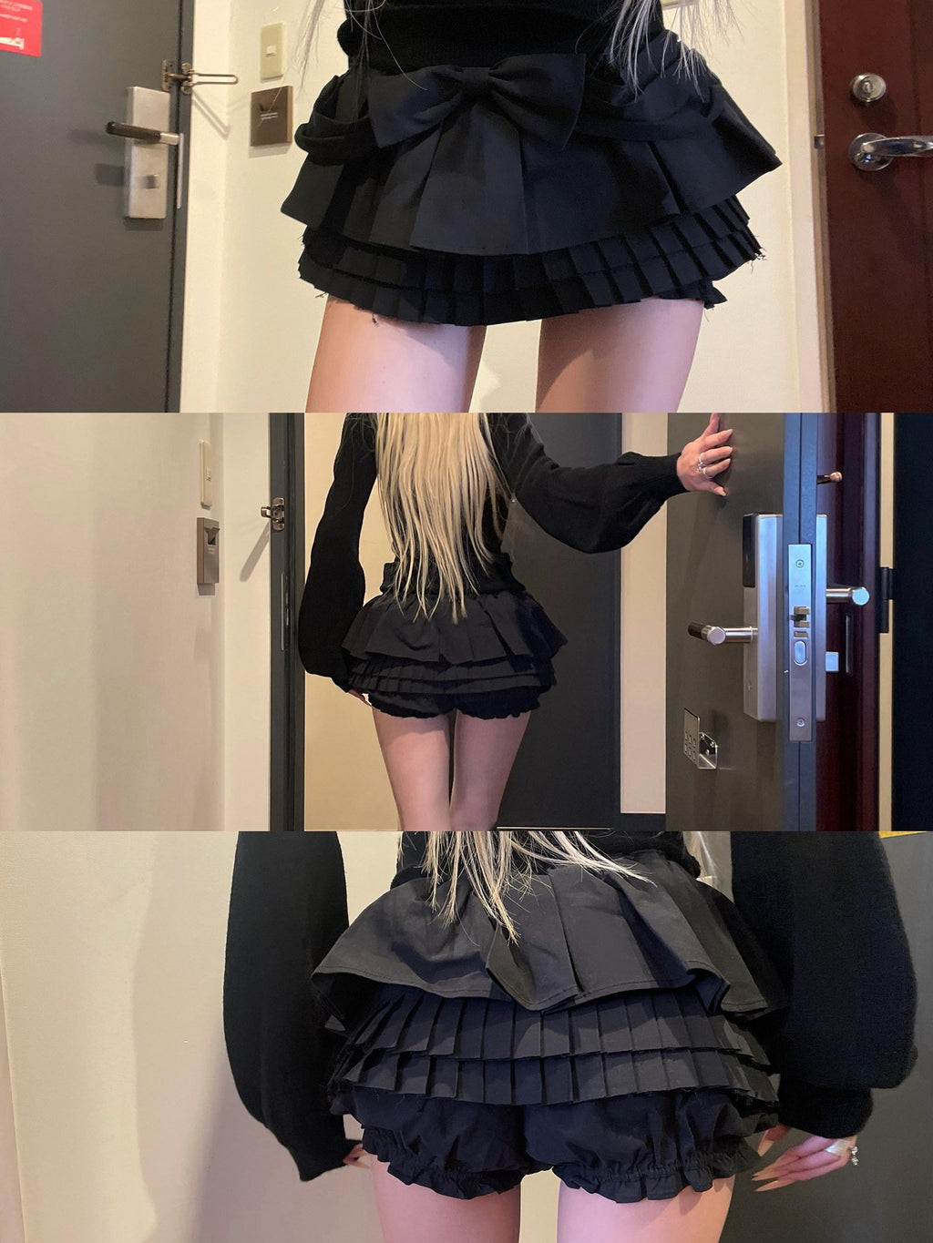 Rase le sol Black Bow Cake Puff Ruffled Tiered Pleated Flowerbud Women's Skorts