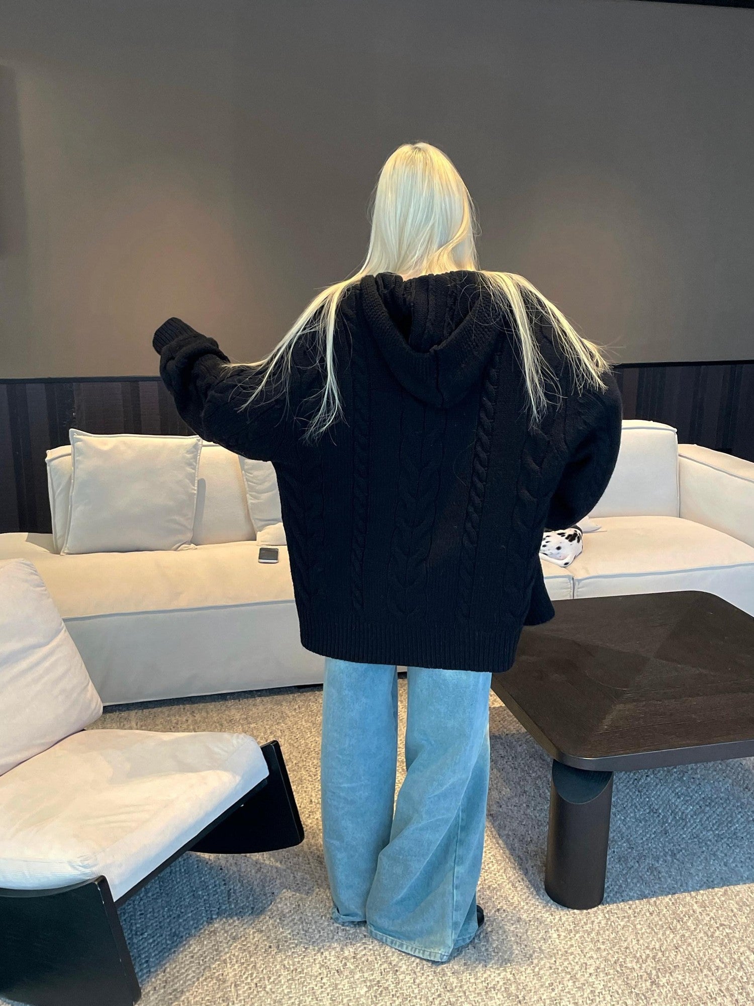 Rase le sol Black Cable Knit Hooded Relaxed Fit Women's Sweater Knit Cardigans