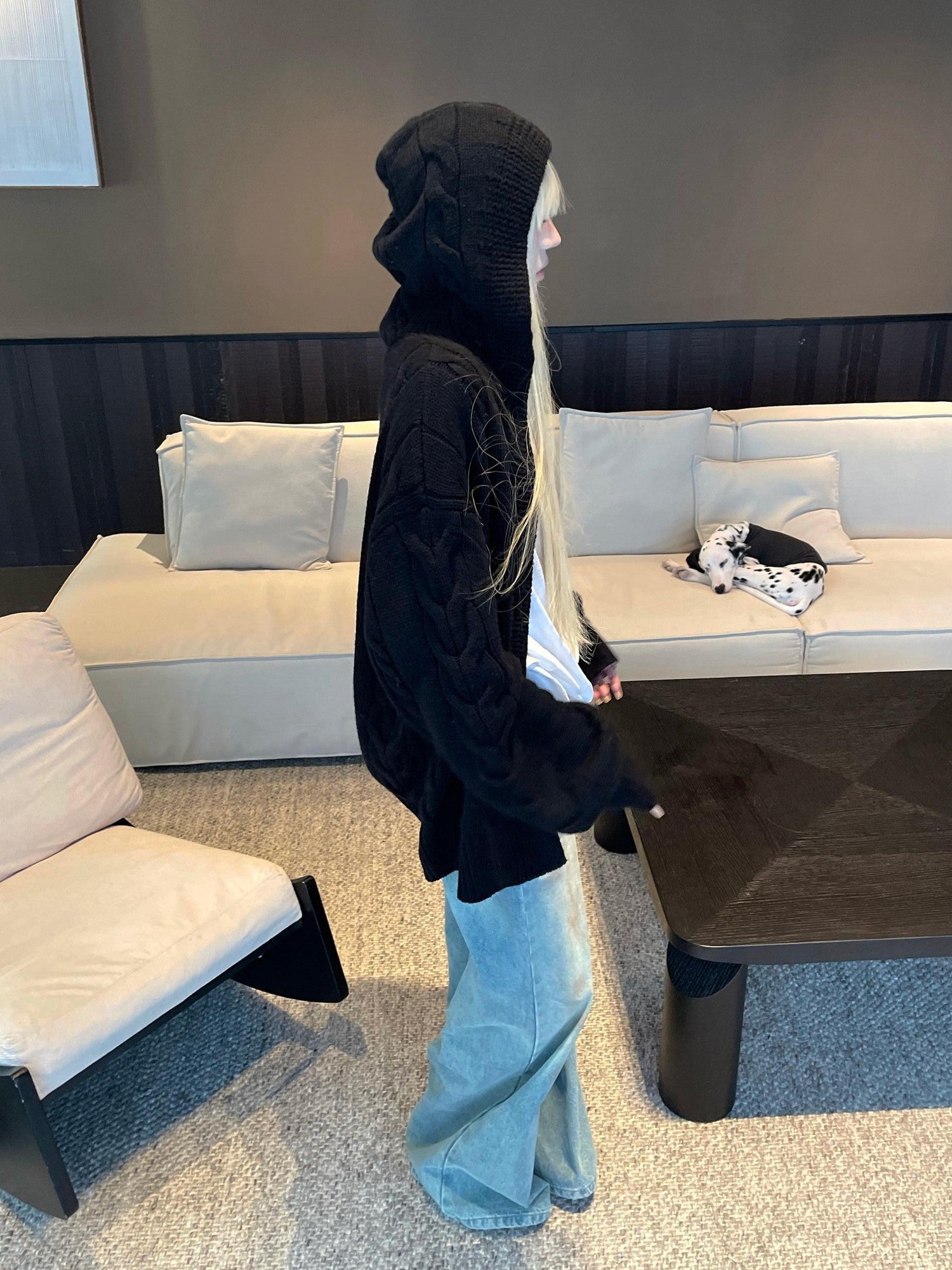 Rase le sol Black Cable Knit Hooded Relaxed Fit Women's Sweater Knit Cardigans