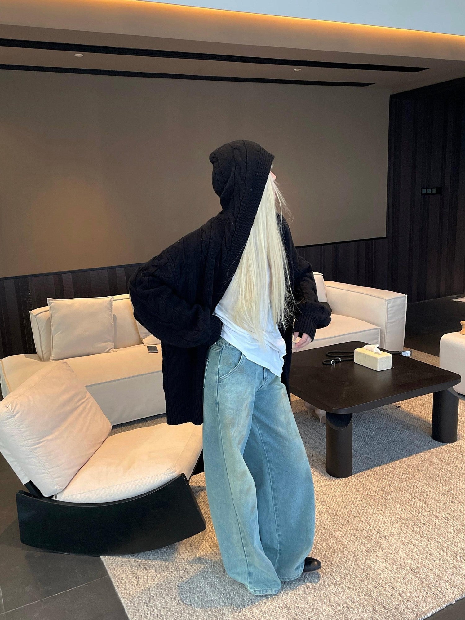 Rase le sol Black Cable Knit Hooded Relaxed Fit Women's Sweater Knit Cardigans