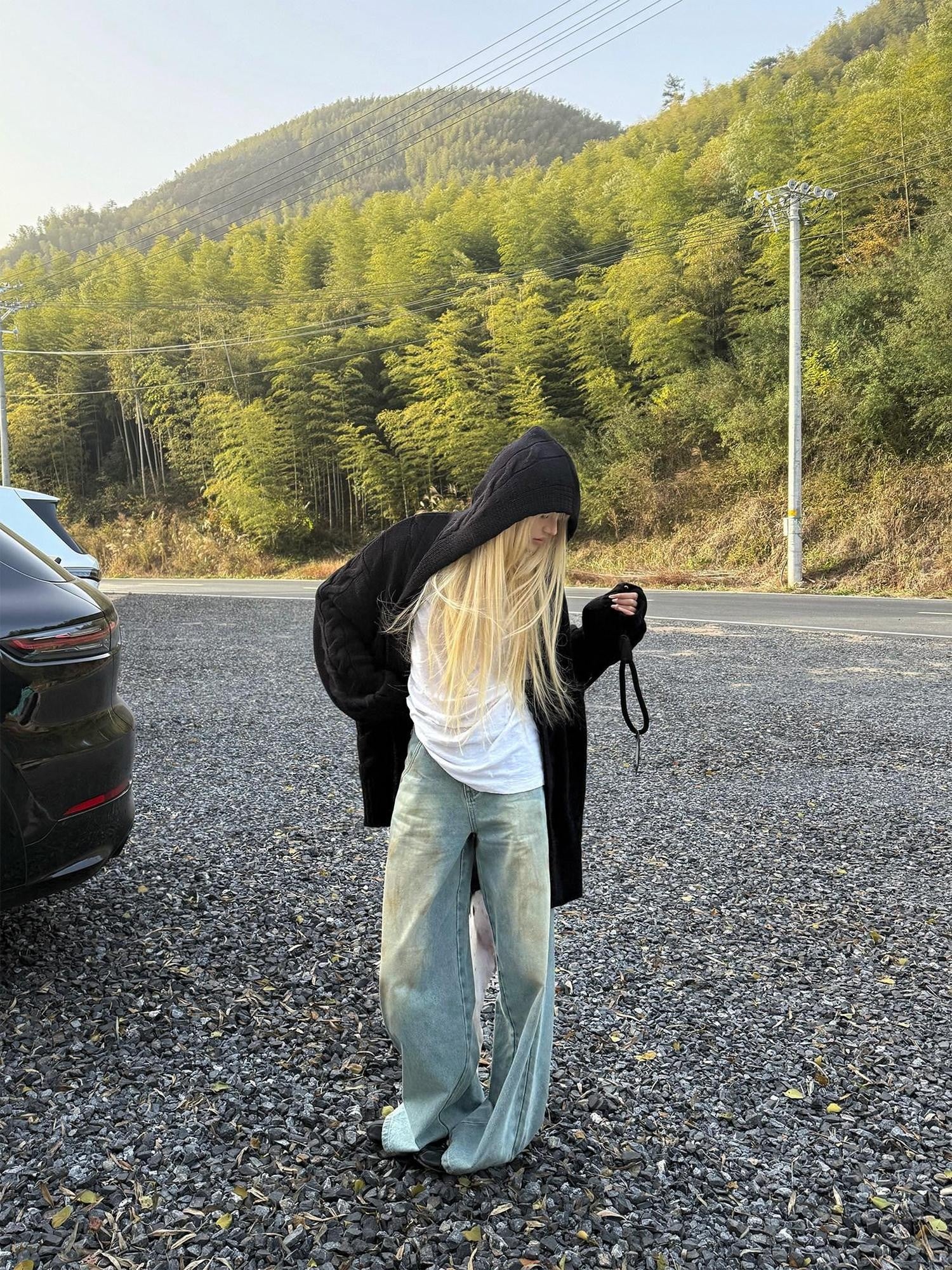 Rase le sol Black Cable Knit Hooded Relaxed Fit Women's Sweater Knit Cardigans