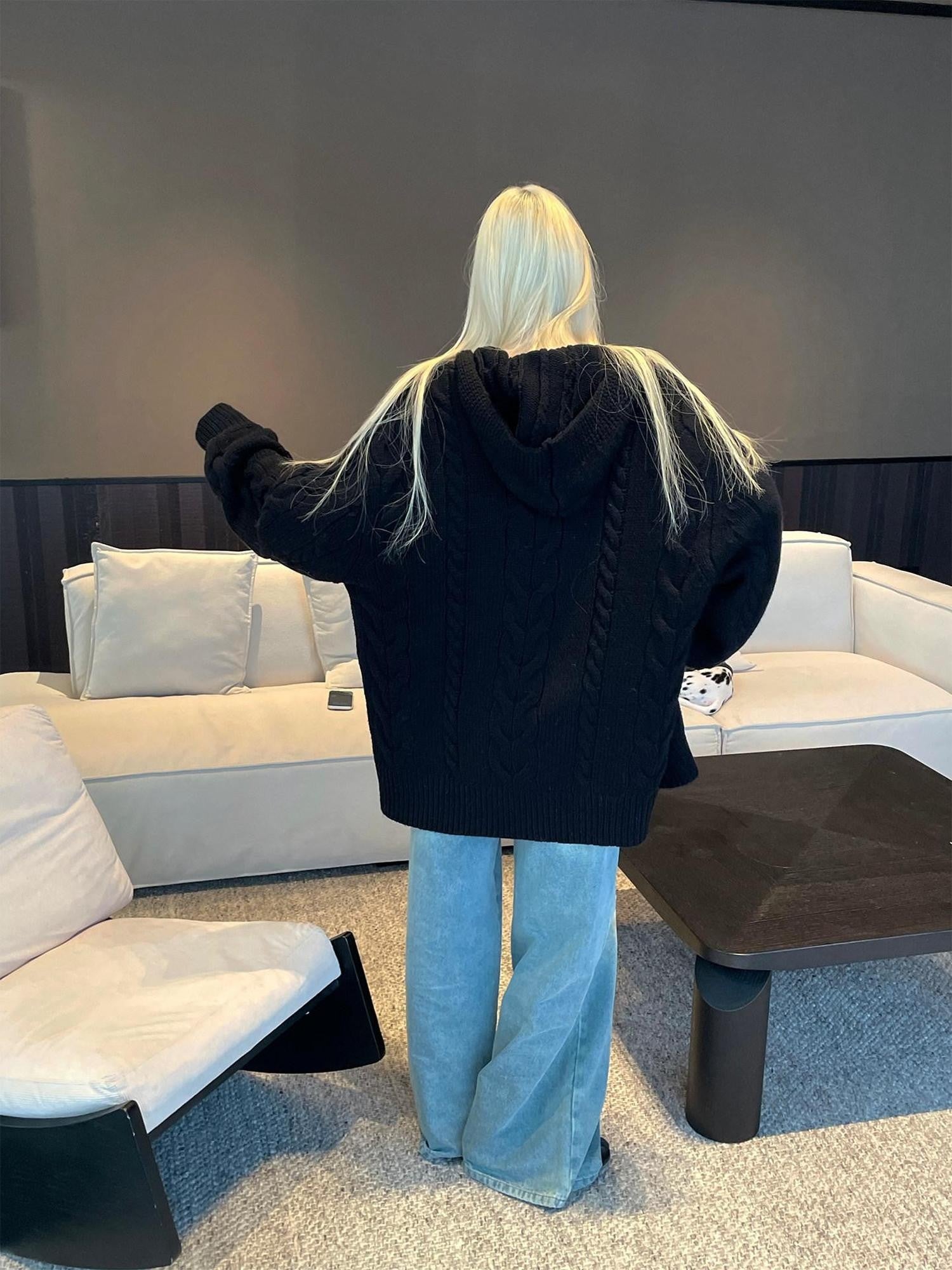 Rase le sol Black Cable Knit Hooded Relaxed Fit Women's Sweater Knit Cardigans