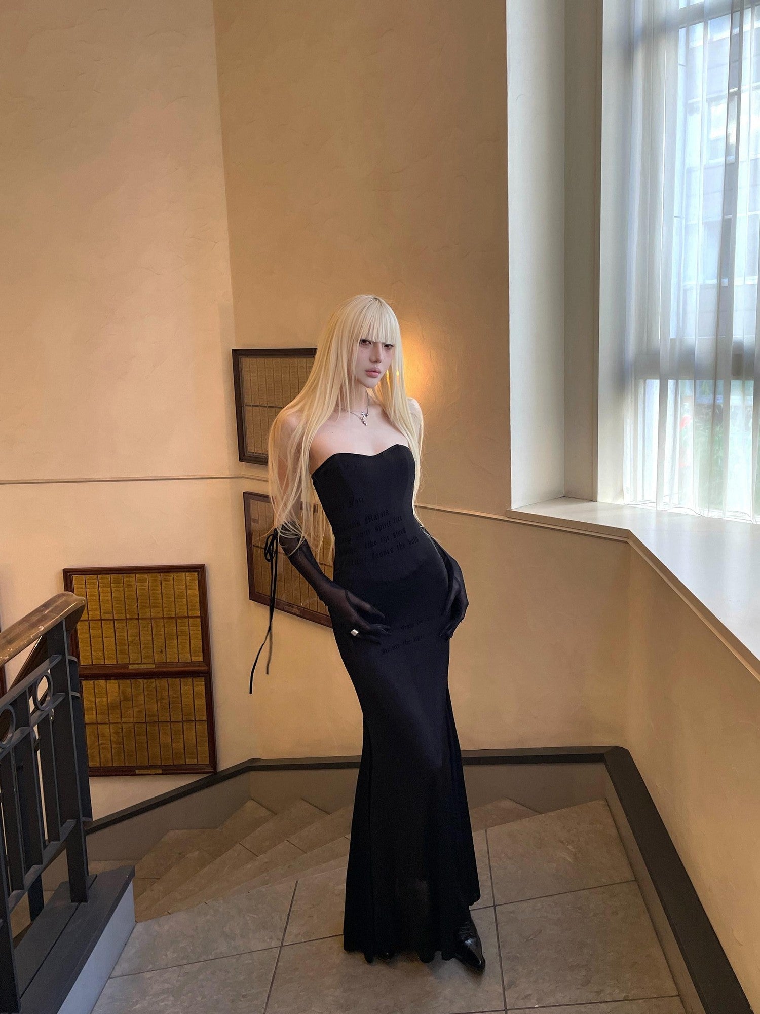 Rase le sol Black Cape Overlay Boned Bustier Women's Strapless Maxi Dresses