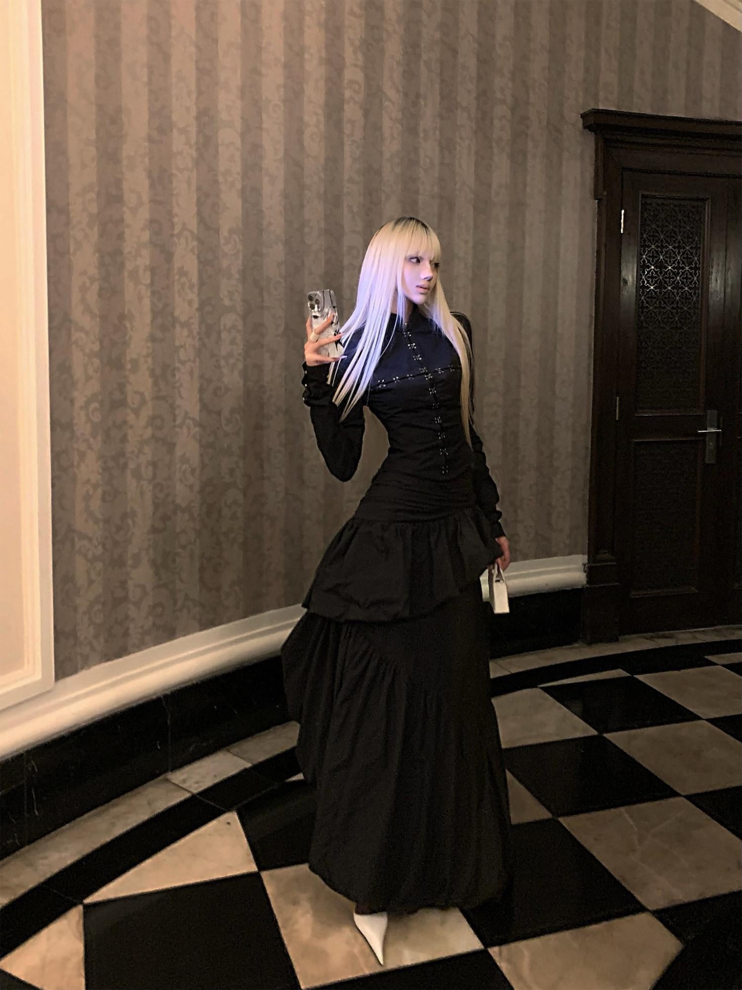 Rase le sol Black Cross Stand Collar Slim Waist Fitted Design Women's Shirts