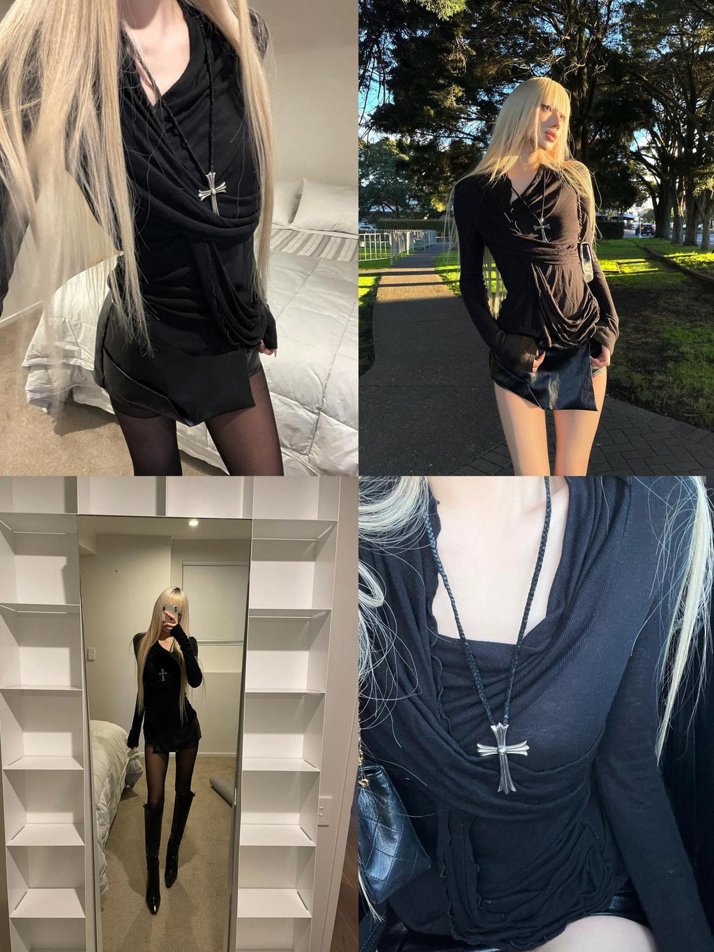 Rase le sol Black Deconstructed Draped Neck Slim Fit Lyocell Women's Long Sleeve T-shirts