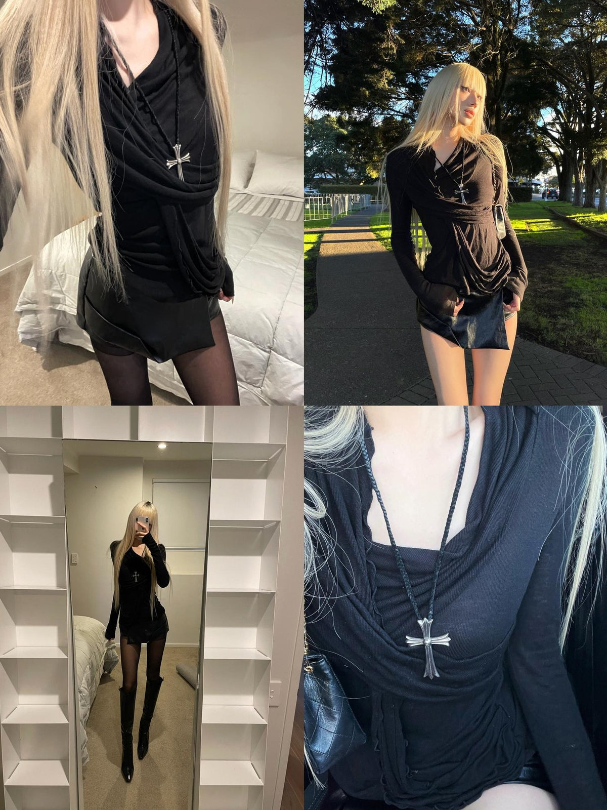 Rase le sol Black Deconstructed Draped Neck Slim Fit Lyocell Women's Long Sleeve T-shirts