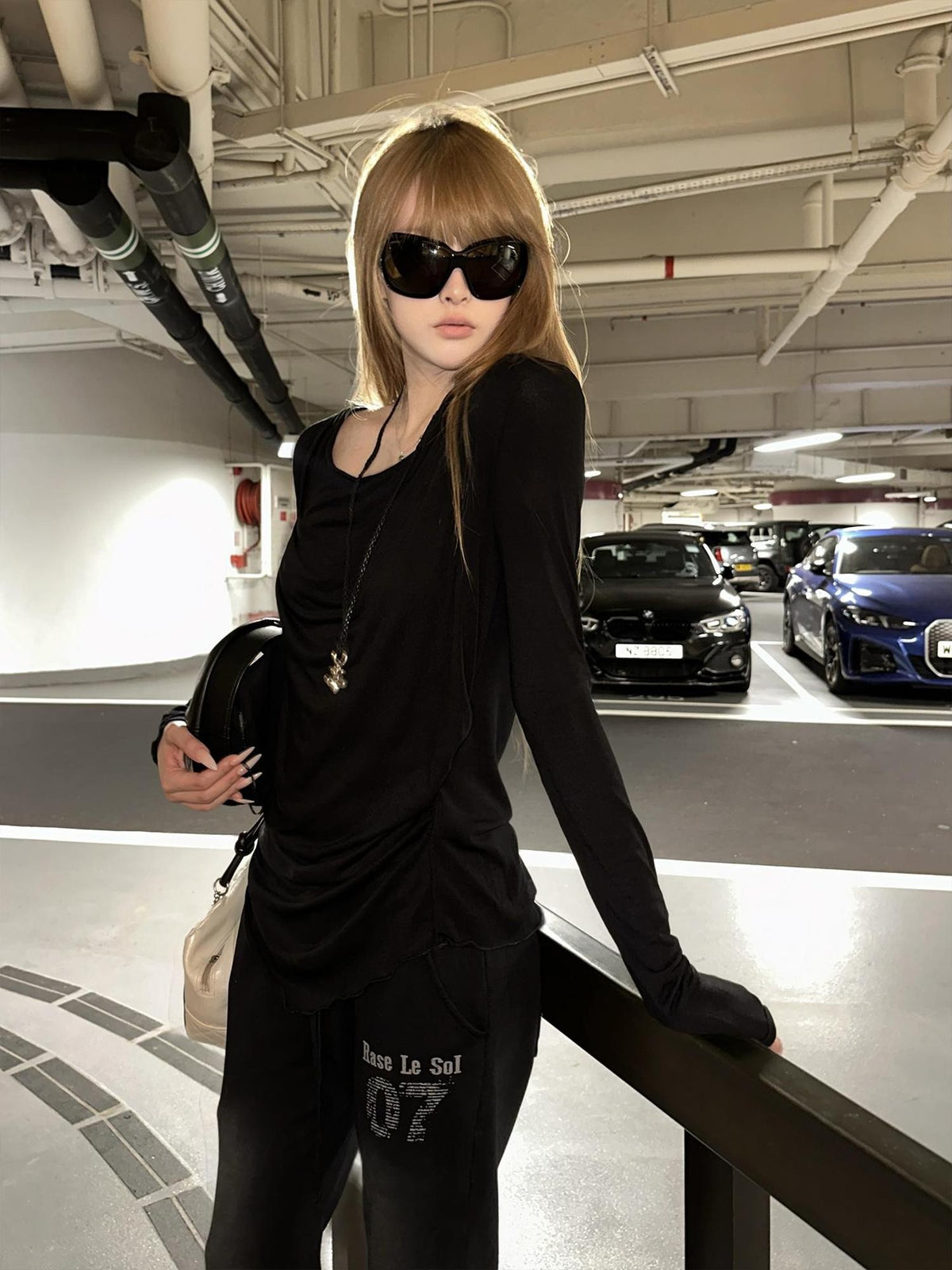 Rase le sol Black Deconstructed Slim Fit Lyocell Wool Women's Long Sleeve T-shirts