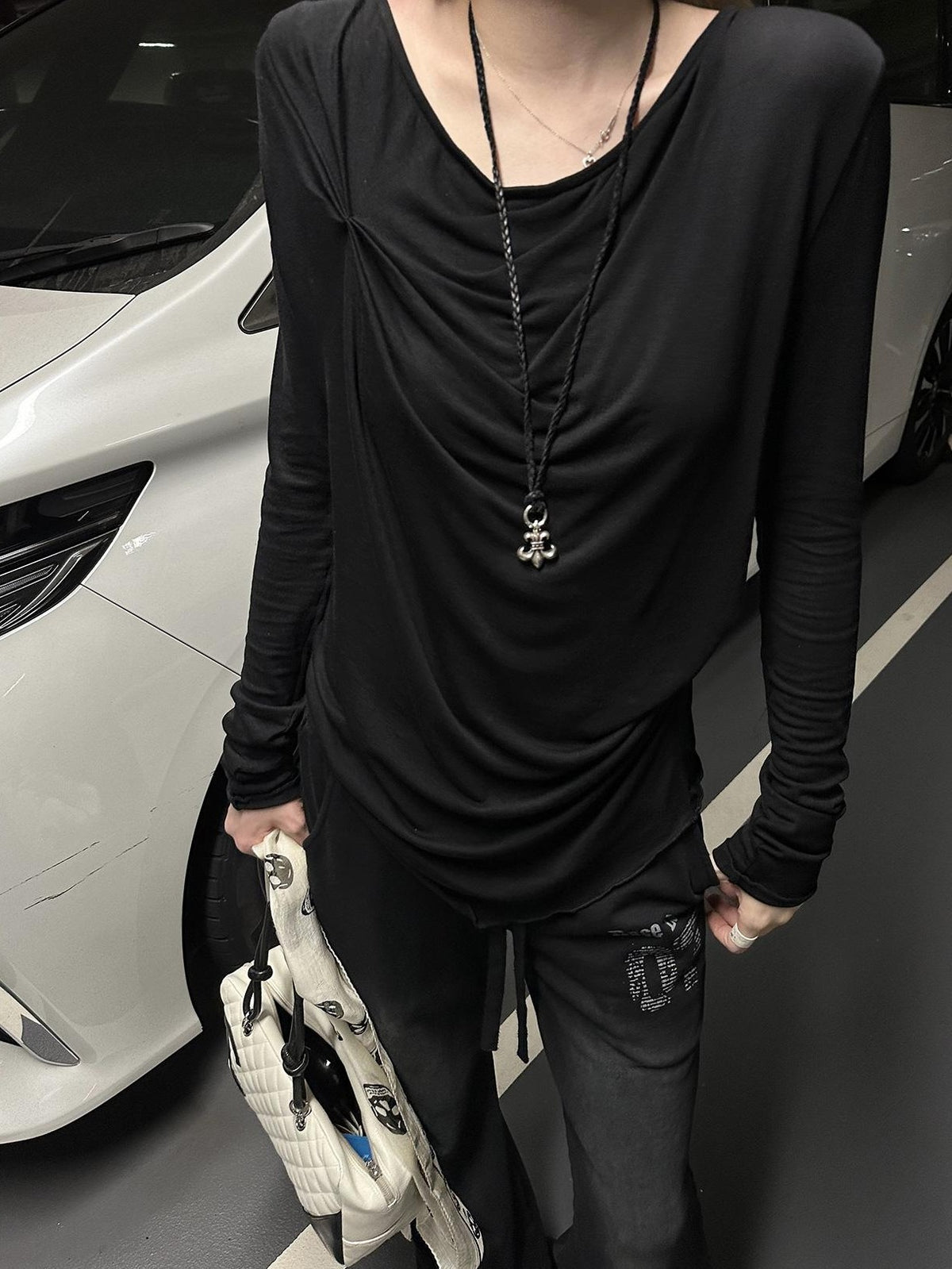 Rase le sol Black Deconstructed Slim Fit Lyocell Wool Women's Long Sleeve T-shirts