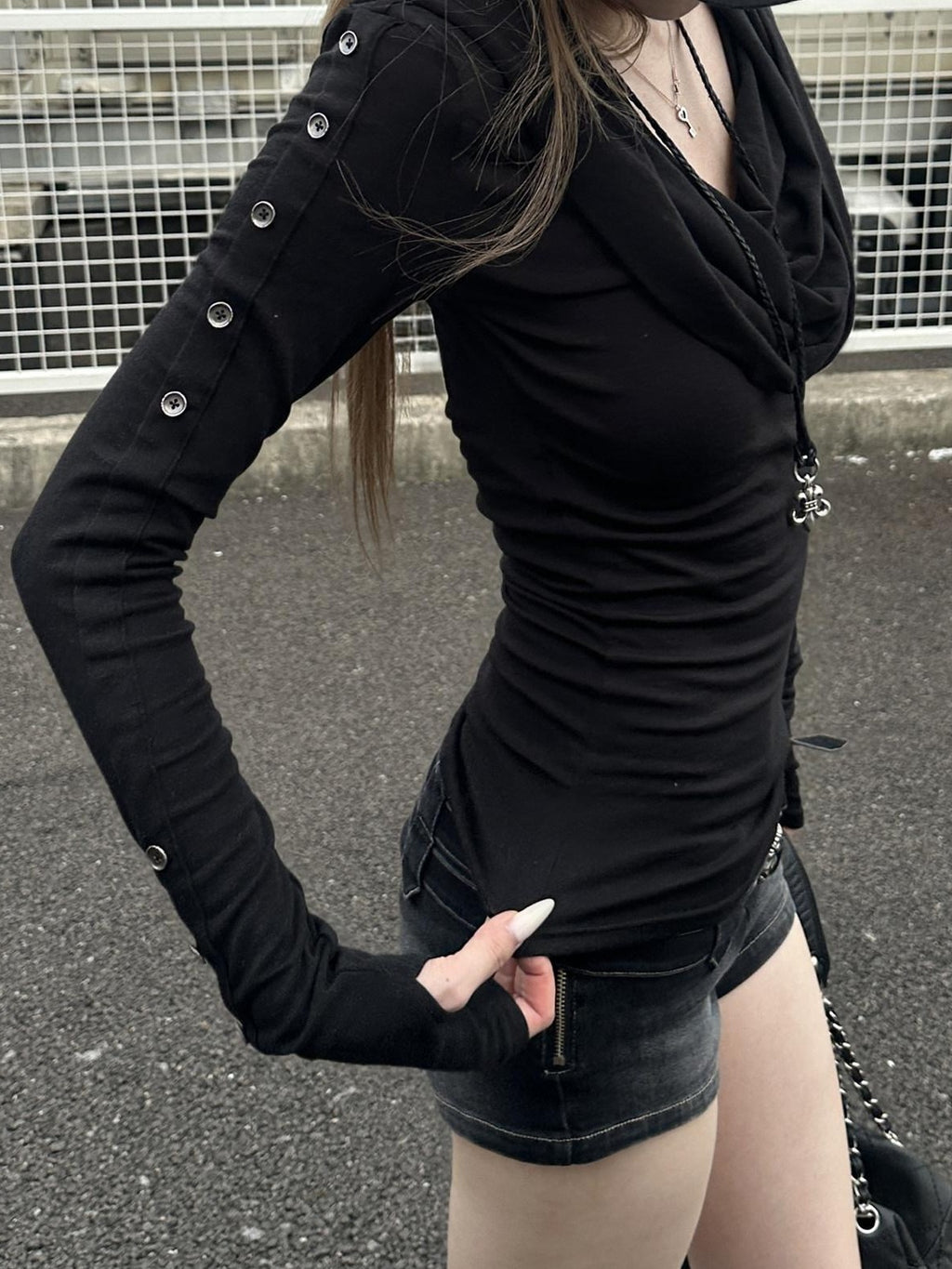 Rase le sol Black Draped Hooded Slim Fit Women's Tencel Wool Long Sleeve T-shirts