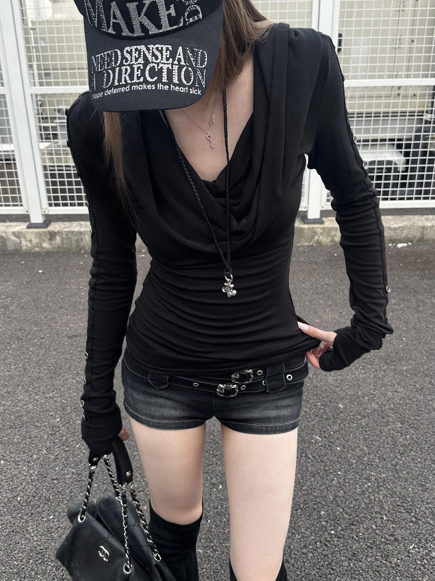 Rase le sol Black Draped Hooded Slim Fit Women's Tencel Wool Long Sleeve T-shirts
