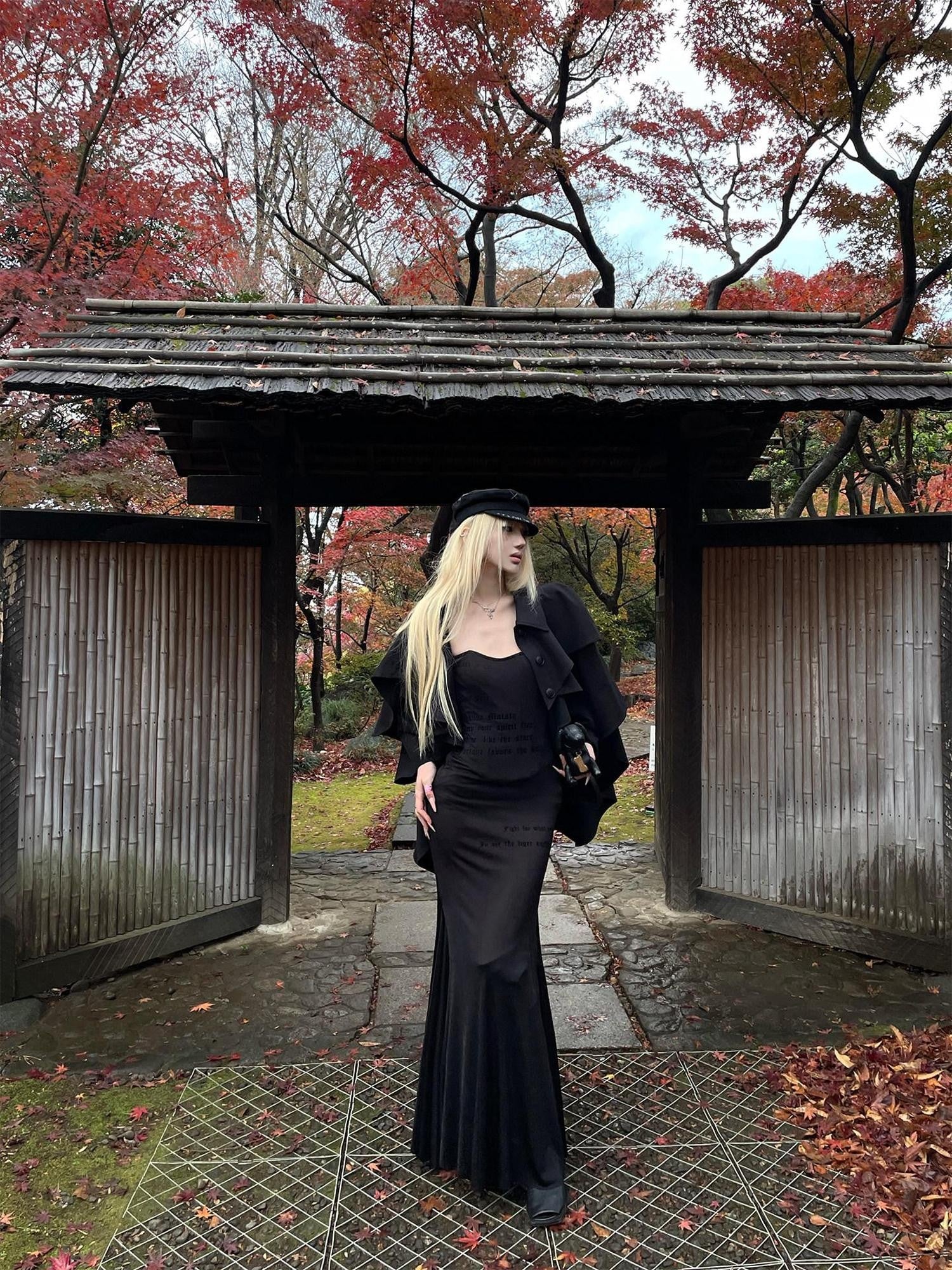 Rase le sol Black Fishbone Boned Spliced Cape Women's Strapless Maxi Dresses