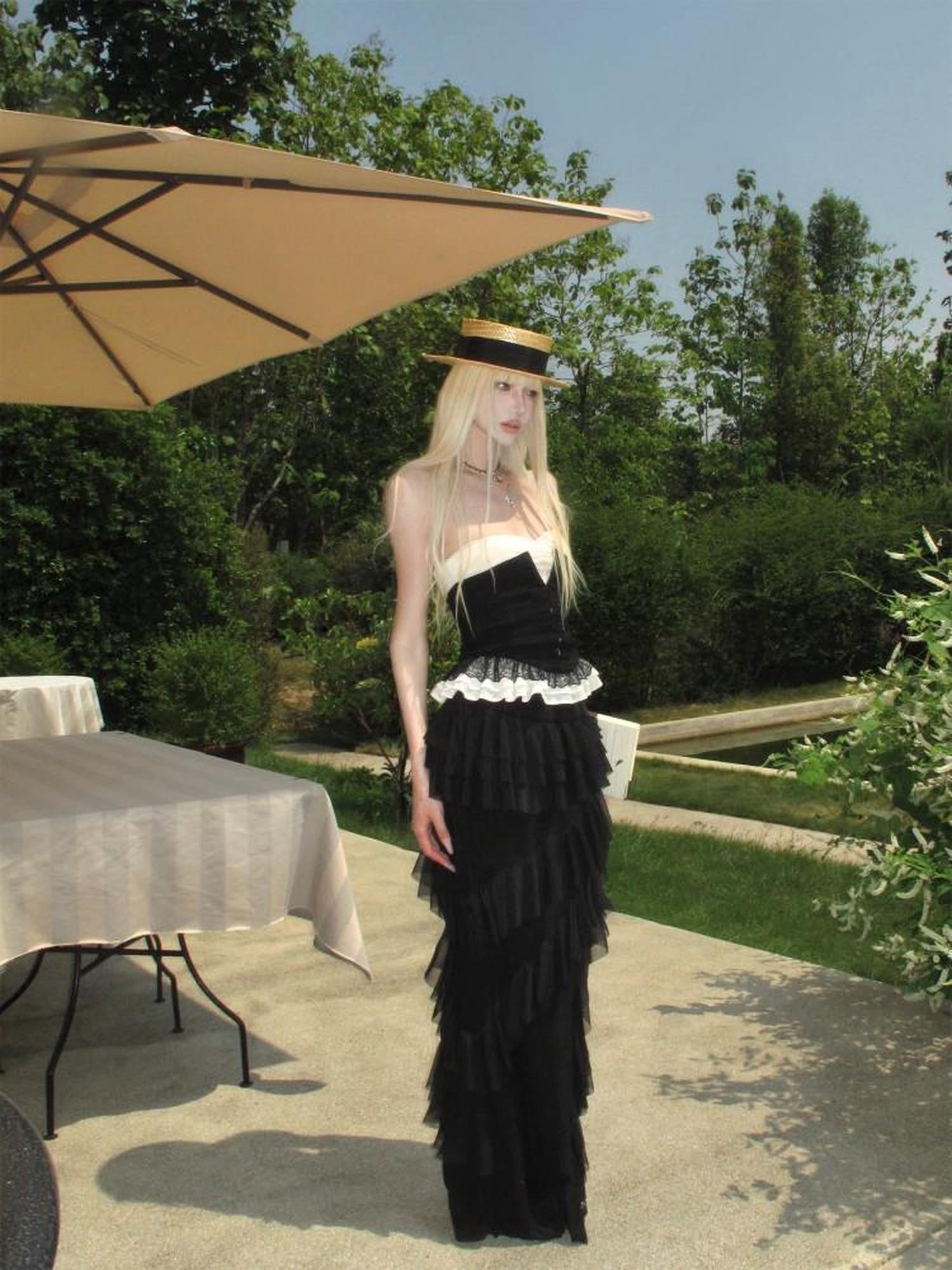 Rase le sol Black French Lace Cinched Waist Women's Strapless Lace Tube Tops