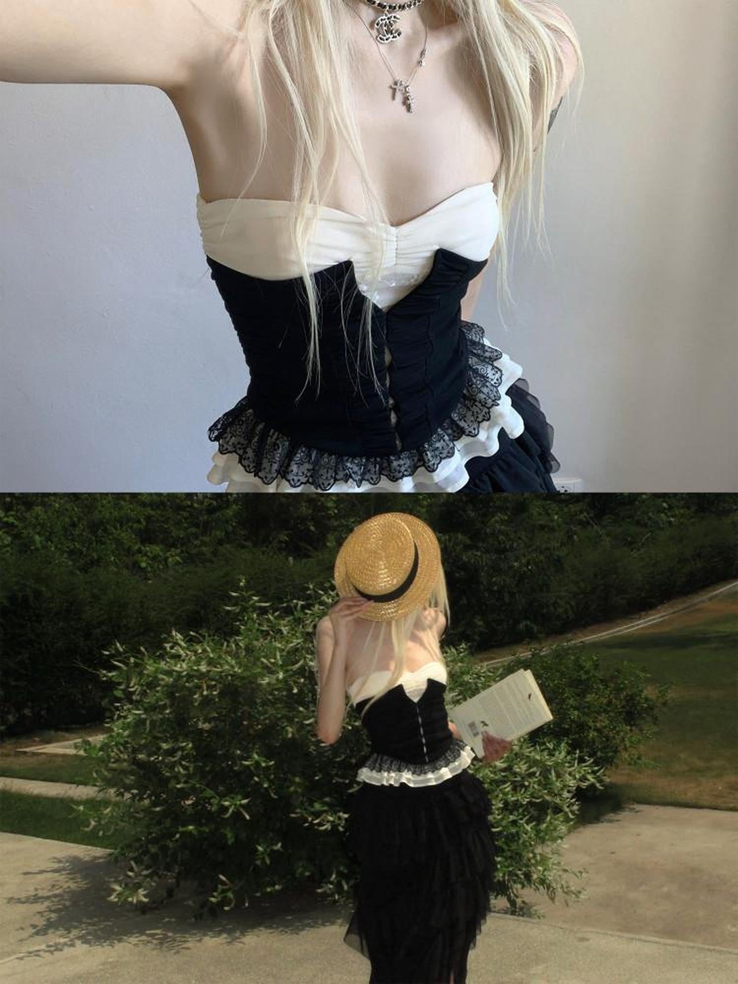 Rase le sol Black French Lace Cinched Waist Women's Strapless Lace Tube Tops