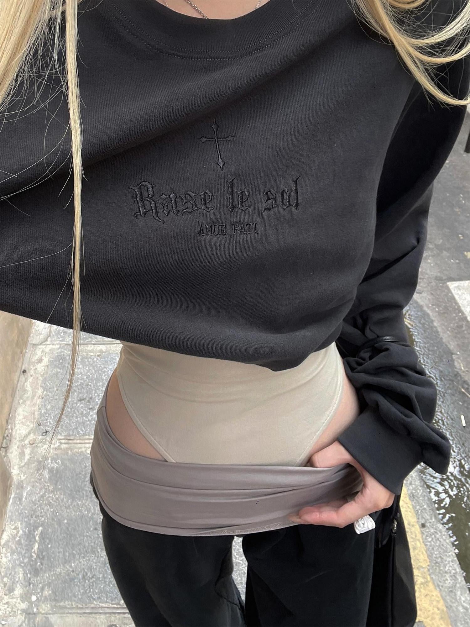 Rase le sol Black Ghost Cross Print American Vintage Relaxed Women's Oversized Hoodies