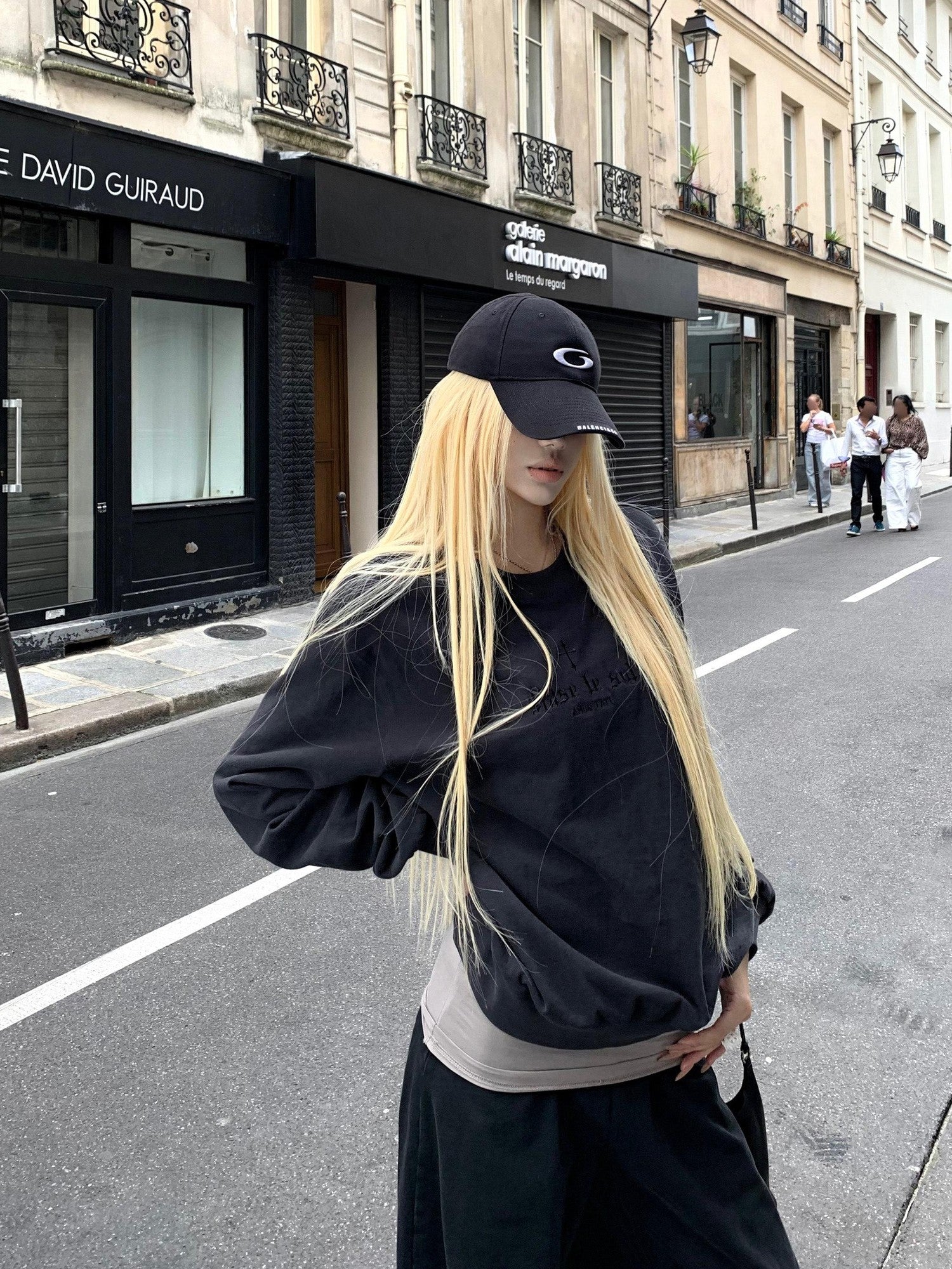 Rase le sol Black Ghost Cross Print American Vintage Relaxed Women's Oversized Hoodies