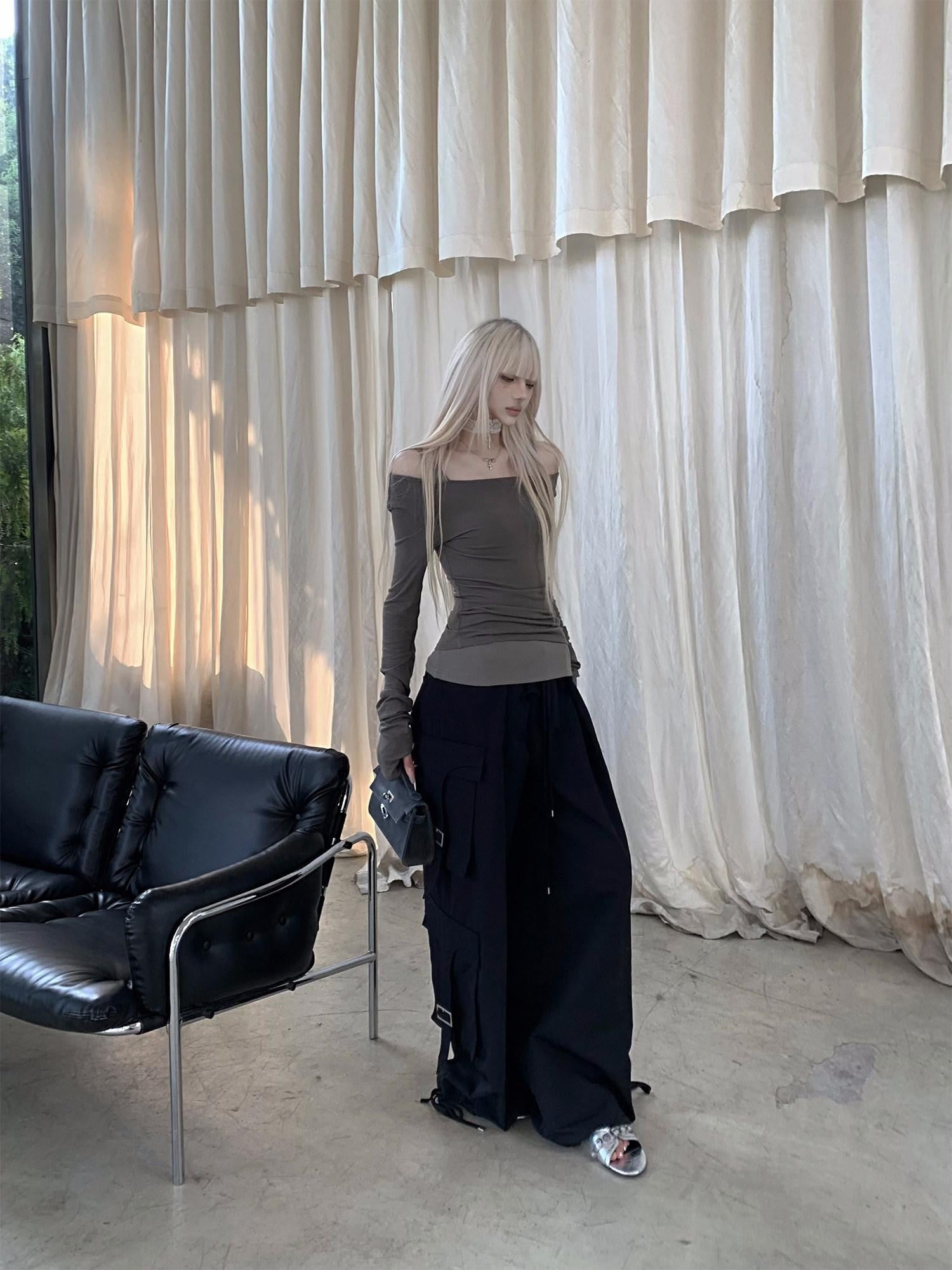 Rase le sol Black High Waist Cargo Loose Straight Women's Wide-leg Pants