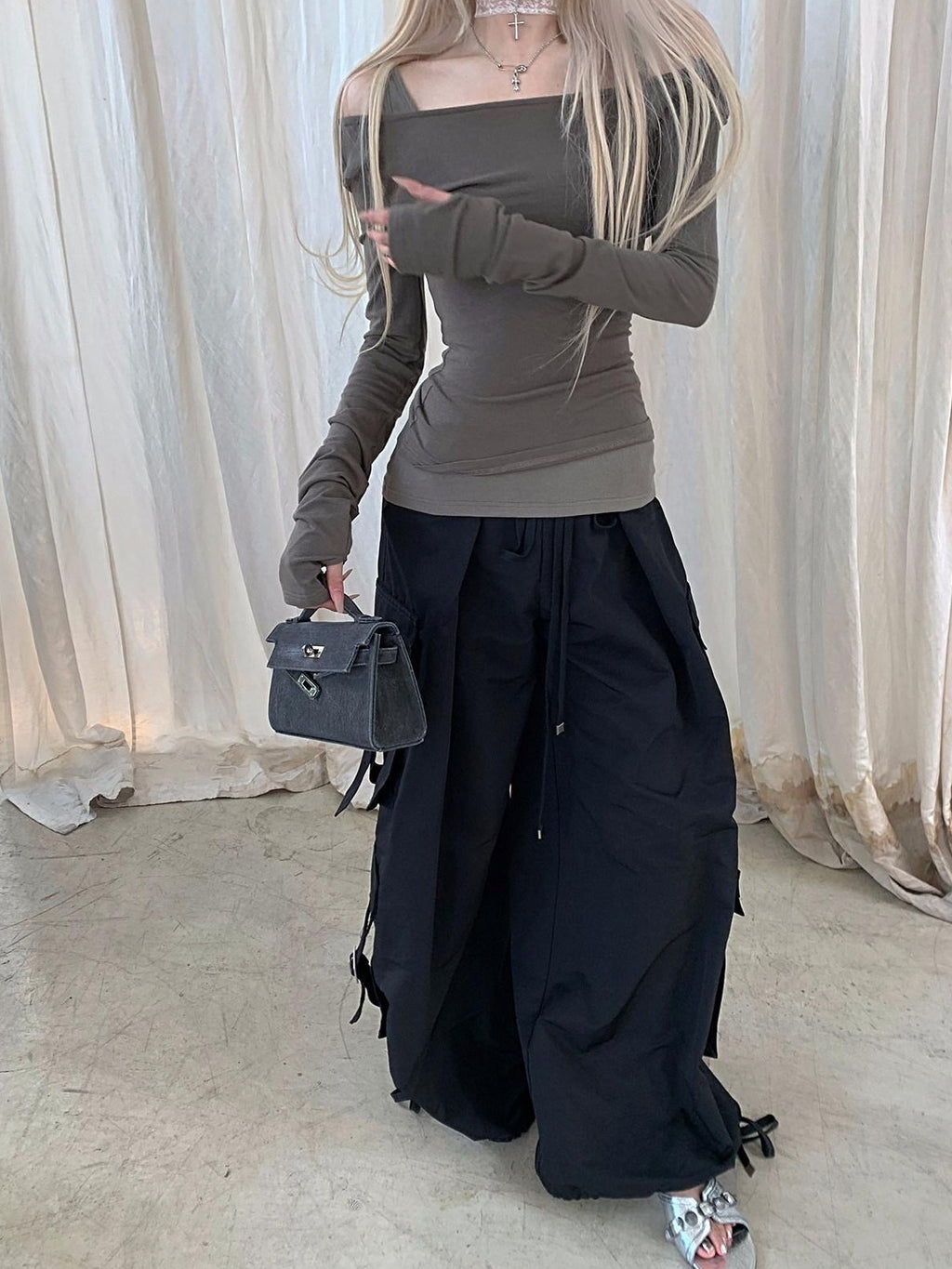 Rase le sol Black High Waist Cargo Loose Straight Women's Wide-leg Pants